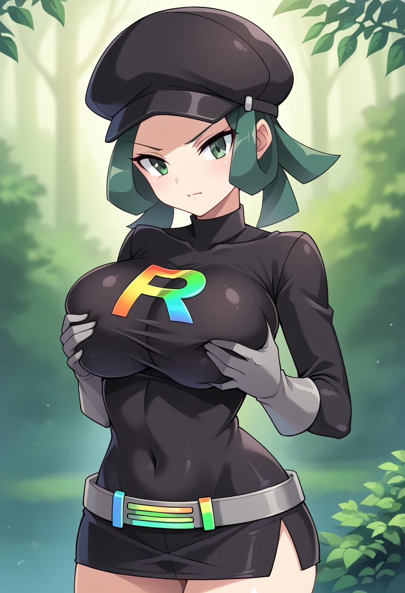 ai_generated arms_on_breasts belt big_breasts breast_grab civitai gloves grabbing_own_breast green_eyes green_hair large_breasts pokemon rocket_grunt