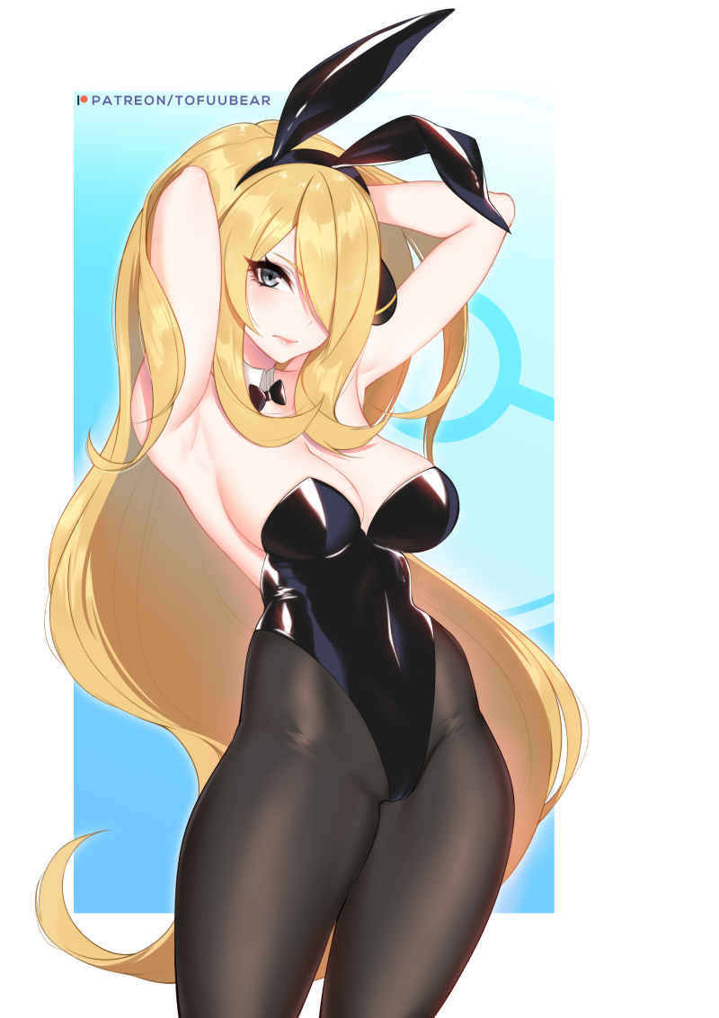 1girls, alternate outfit, armpits, arms up, blonde hair, breasts, bunny ears, bunny girl, bunnysuit, choker, cynthia (pokemon), fake ears, female, female only, grey eyes, hair over one eye, human, looking at viewer, pantyhose, pokemon, pokemon dppt, ribbon, solo, text, thick thighs, tofuubear, watermark, wide hips