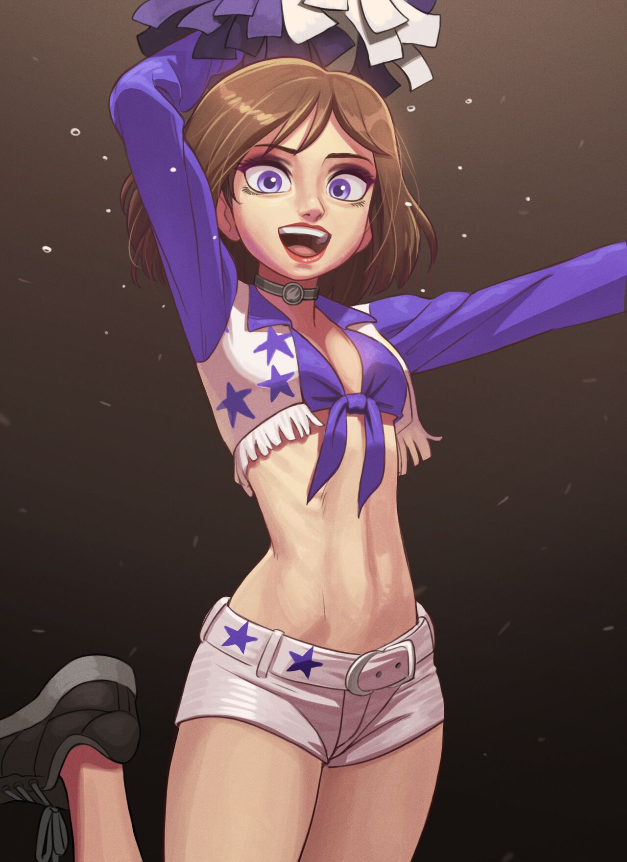 brown_hair cheerleader dallas_cowboys hi_res highres mangamaster midriff partially_nude pom_poms purple_eyes shoes short_shorts shorts skinny thighs