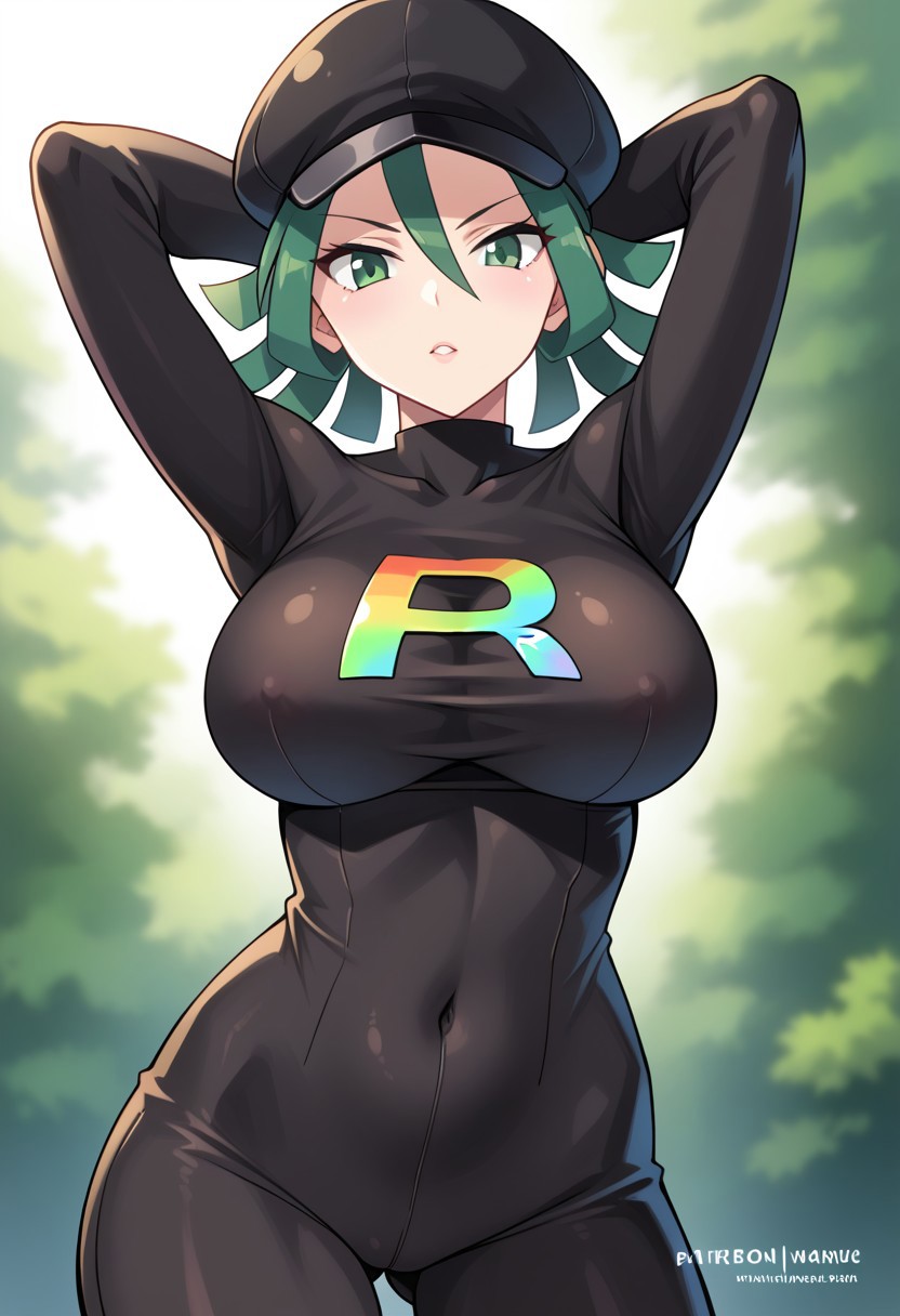 ai_generated arms_behind_head big_breasts civitai green_eyes green_hair large_breasts pokemon rocket_grunt