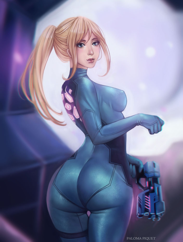 1girls, artist name, ass, ass focus, blonde hair, blue eyes, bodysuit, clothing, female, female only, gun, hair, long hair, looking at viewer, metroid, nintendo, nipple bulge, paloma piquet, ponytail, samus aran, sidelocks, solo, video games, weapon, zero suit, zero suit samus
