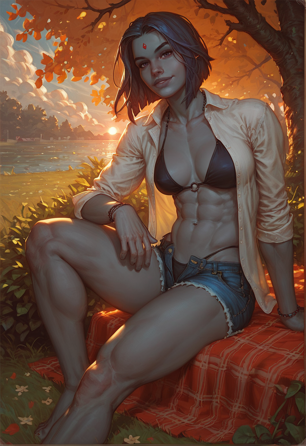 1girls, abs, ai generated, dc, dc comics, female, female only, grey skin, muscular, purple hair, raven (dc), santarvengar, solo, stable diffusion, tagme