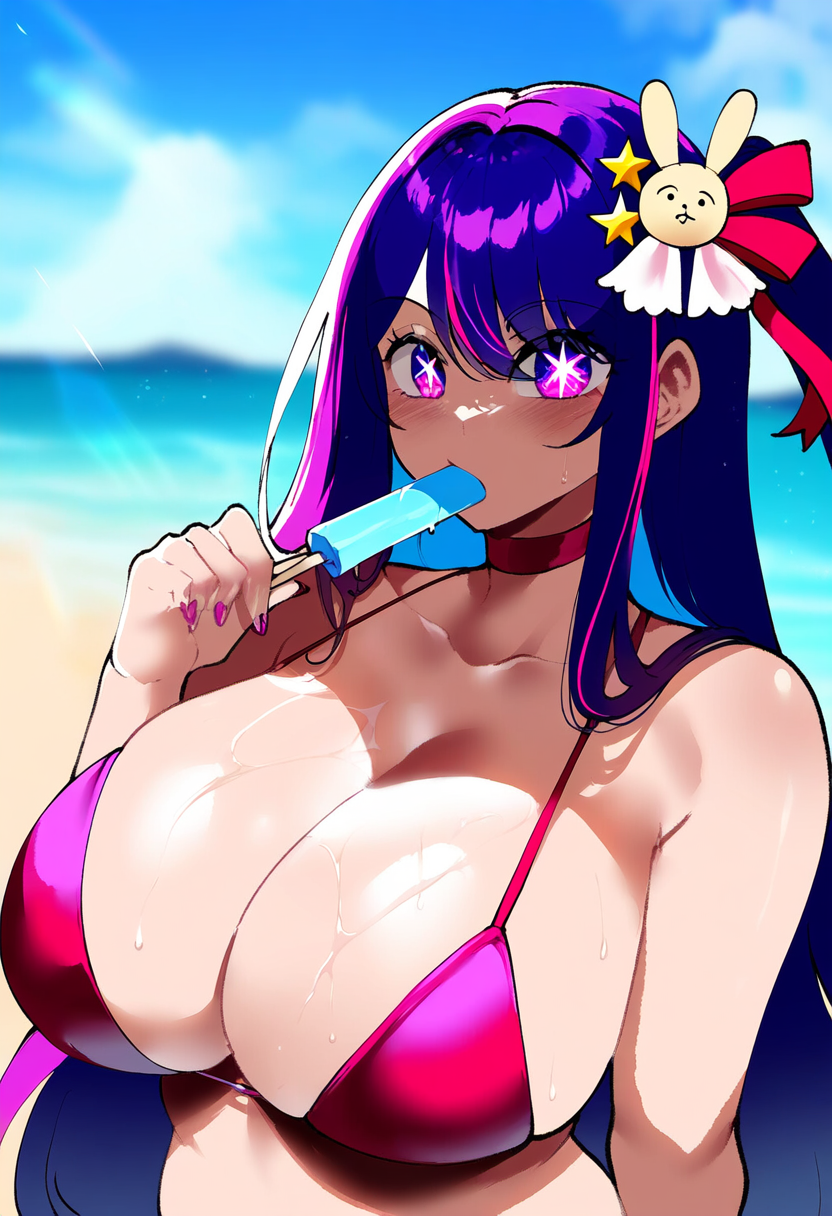 1girl ahe_gao ai_generated beach blush breasts hoshino_ai hoshino_ai_(generated) looking_at_viewer oshi_no_ko popsicle popsicle_in_mouth solo swimsuit swimwear thiccwithaq_(ai_style) upper_body