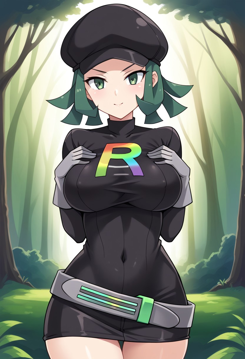 ai_generated arms_on_breasts belt big_breasts breast_grab civitai gloves grabbing_own_breast green_eyes green_hair large_breasts pokemon rocket_grunt