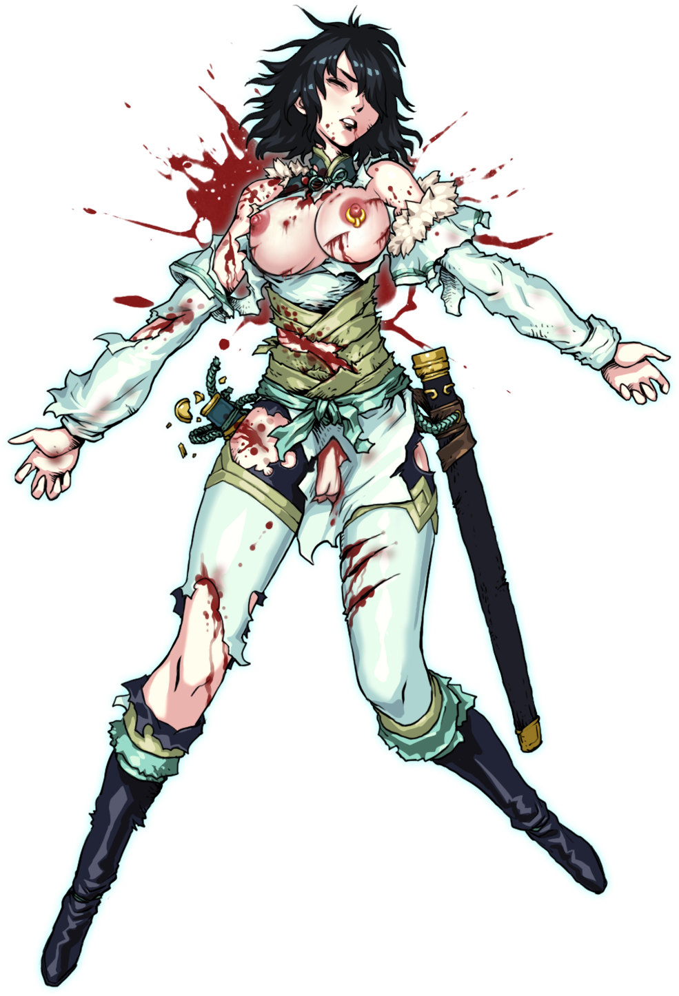 1girls blood breasts byleth_(dsr) damaged_clothes death devil_slayer_-_raksasi medium_breasts nipples no_sex nude_edit nude_filter piercing pussy tagme transparent_background