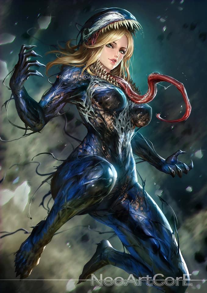 1girls, abs, alien, big breasts, blonde hair, breasts, claws, feet, female, gwen stacy, gwenom, highres, human, interspecies, large breasts, long hair, long tongue, marvel, marvel comics, neoartcore, nipples, saliva, she-venom, smile, spider-man (series), spread legs, symbiote, text, venom, venom (marvel), watermark