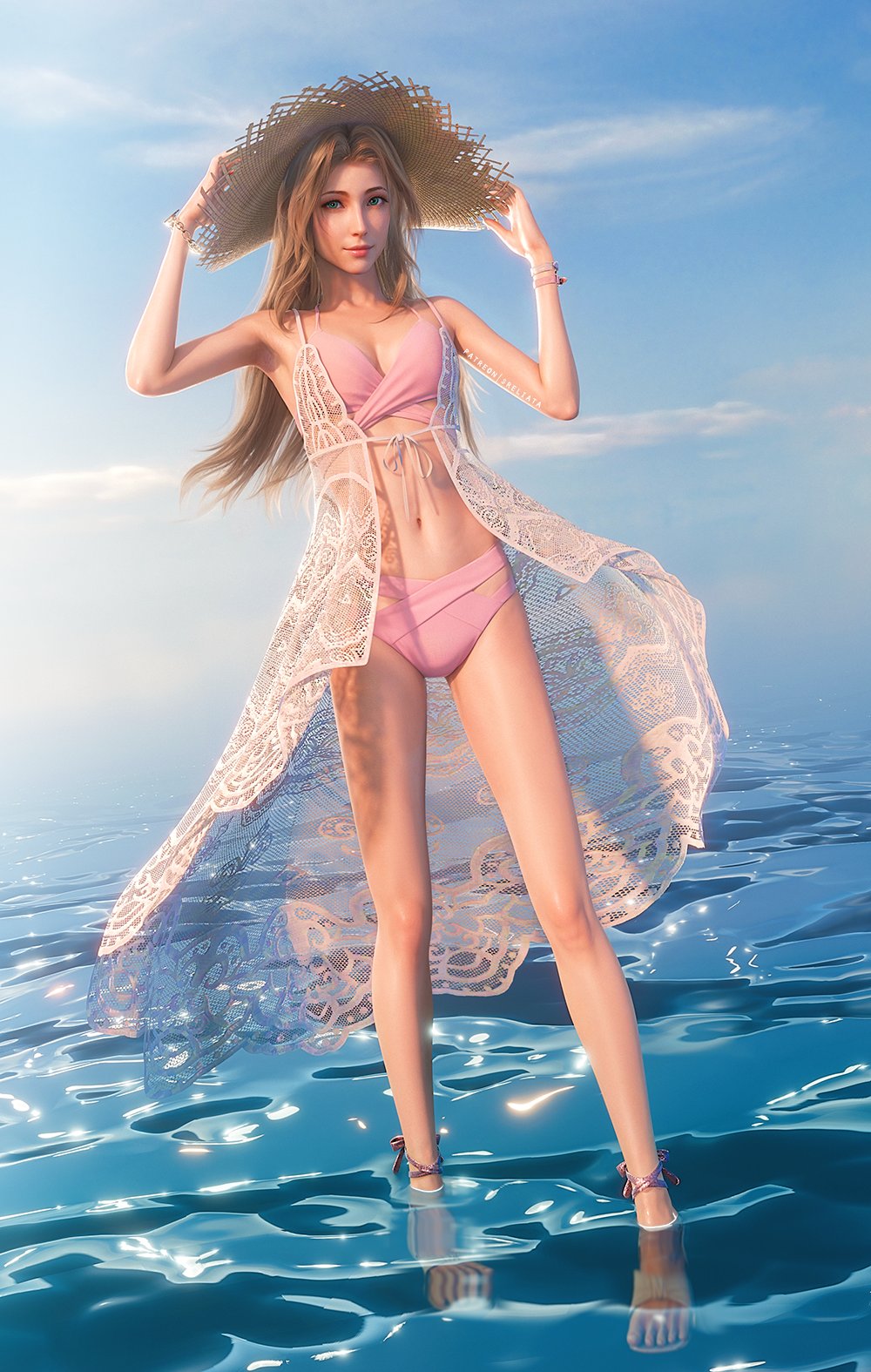 3d aerith_gainsborough beach female final_fantasy posing sreliata_(artist) tagme