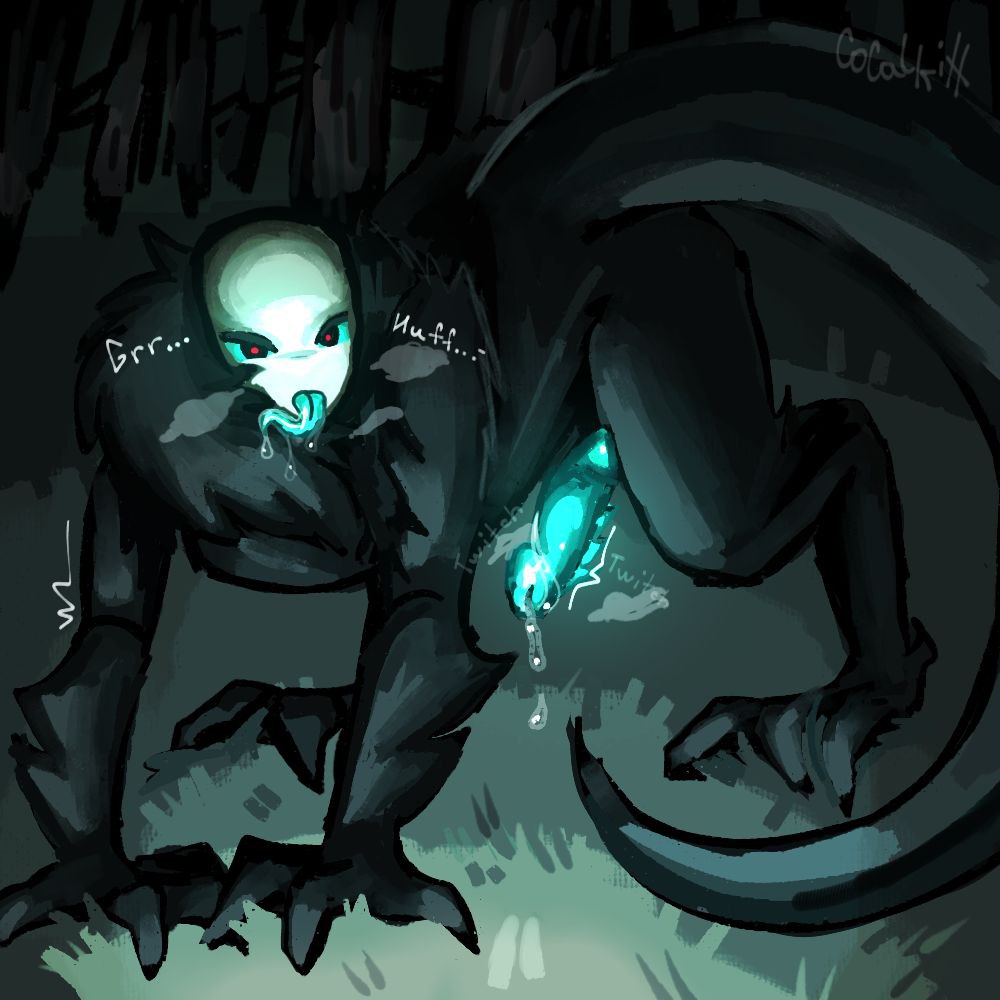black fur, c0c5lkih, cyan eyes, cyan penis, cyan tongue, die of death (roblox), drool, fur, in heat, knotted penis, looking at viewer, male, monster, non-human, penis, precum drip, pursuer (die of death), reptile tail, roblox, roblox game, self upload, tagme, tail, tongue out