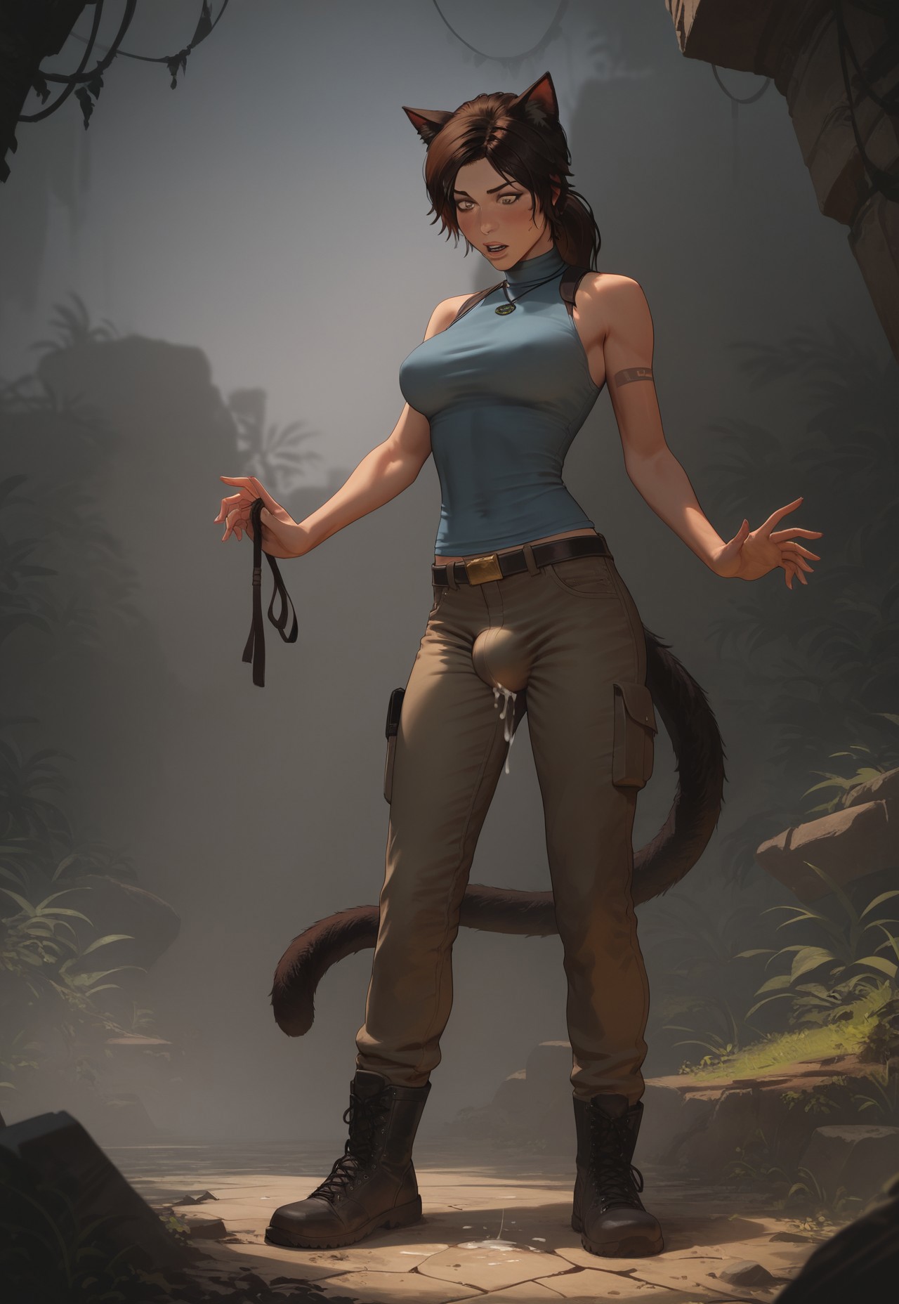 1futa, ai generated, bulge, bulge through clothing, cat ears, cat tail, clothed, clothing, cum, dalan063, furry, futanari, intersex, lara croft, lara croft (survivor), tomb raider, tomb raider (survivor), transformation