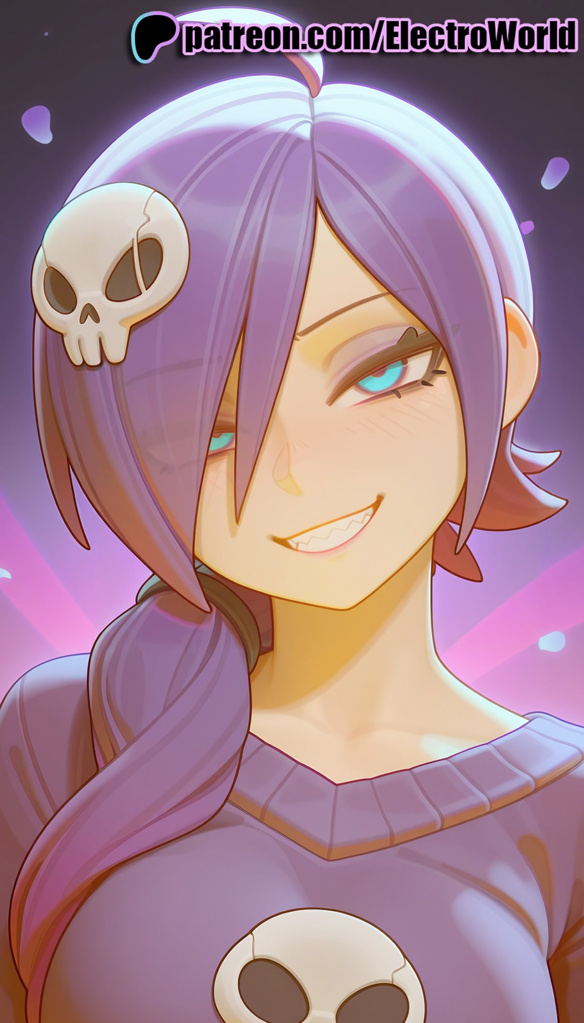 1girls, 2025, ahoge, ai generated, artist name, electroworld, female, hi res, high quality, high resolution, highres, looking at viewer, patreon, patreon username, purple hair, smile, solo, stable diffusion, watermark, zone-tan