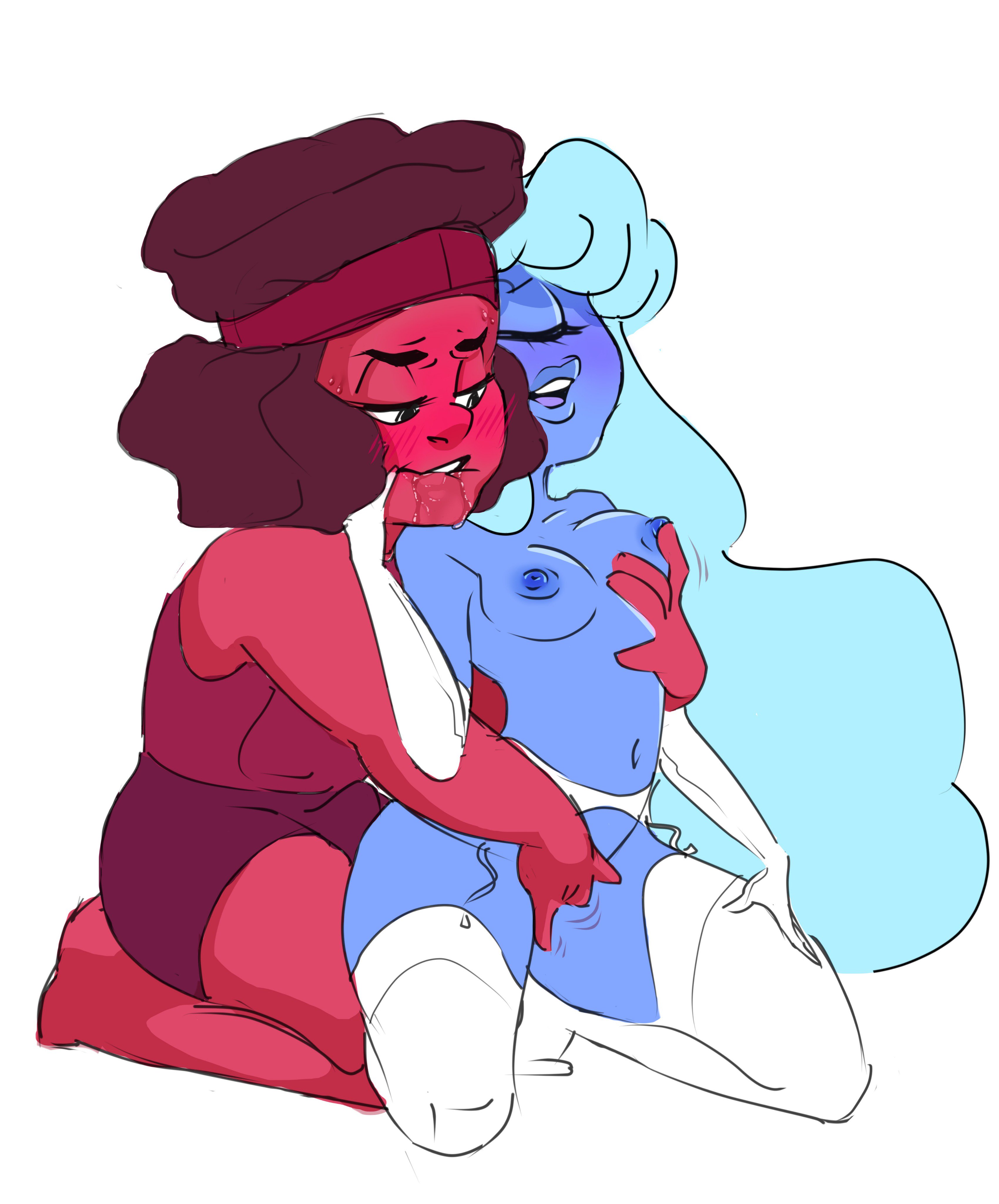 2girls, big lips, biting lip, blue hair, blue skin, blush, breasts, brown hair, canon couple, cyclops, elbow gloves, female, gem (species), headband, holding breast, lingerie, long hair, multiple females, multiple girls, muscular, muscular female, pussy, red skin, rubbing pussy, ruby (steven universe), sapphire (steven universe), short hair, shorts, small breasts, steven universe, sweat, thighhighs, xxxubbles, yuri