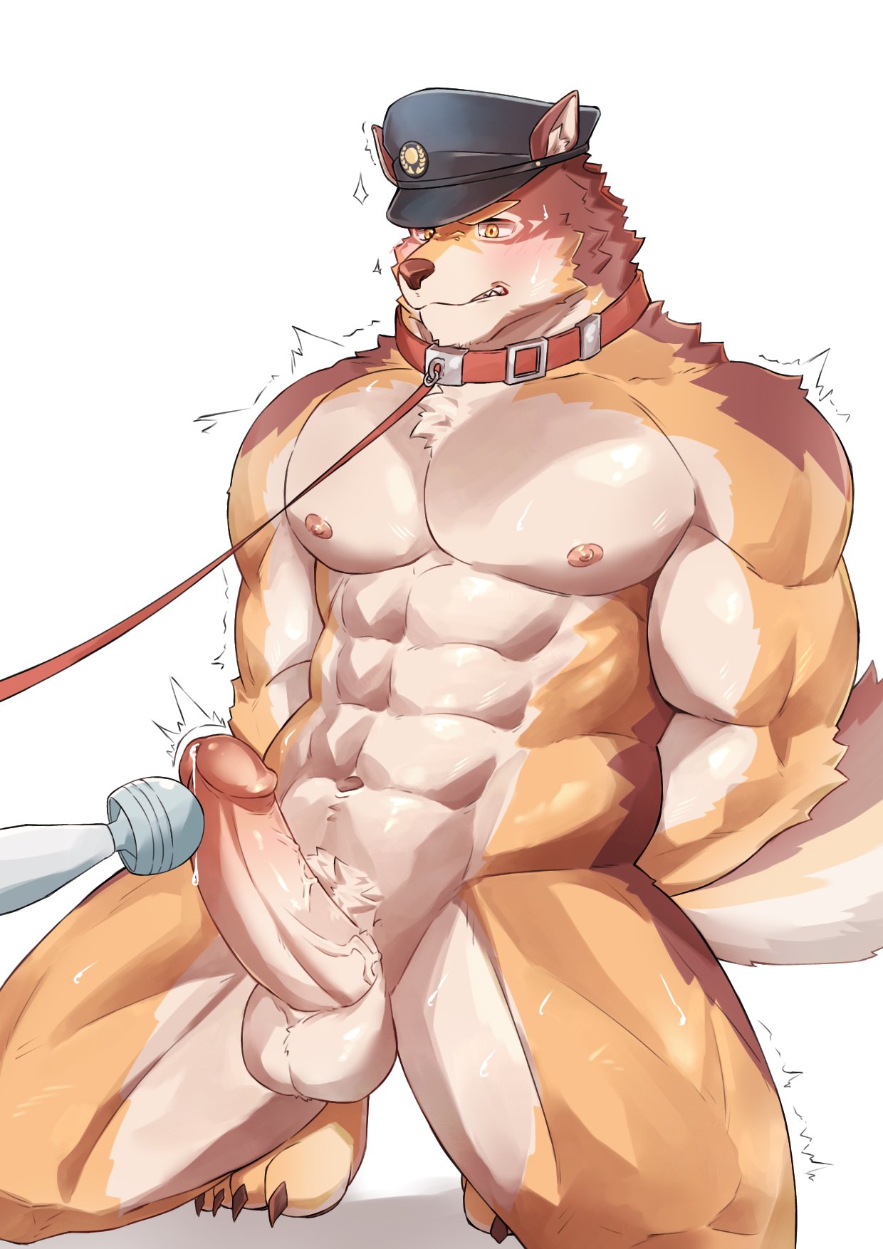 abs anthro balls barrel_(live_a_hero) blush bodily_fluids canid canine canis clenched_teeth collar erection genital_fluids genitals hi_res hitachi_magic_wand humanoid_genitalia humanoid_penis leash lifewonders live_a_hero male mammal muscular muscular_anthro muscular_male nipples nude pecs penile penis police police_hat poteto02888292 precum sex_toy teeth vibrator vibrator_on_penis wand_vibrator wolf