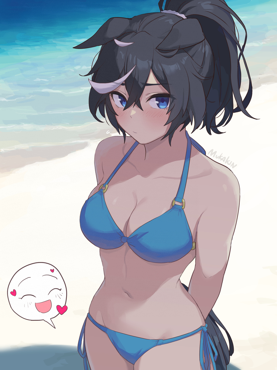 beach, bikini, blush, heart symbol, katsuragi ace (umamusume), shy, swimsuit, swimwear, tagme, tagme (artist), umamusume, umamusume pretty derby