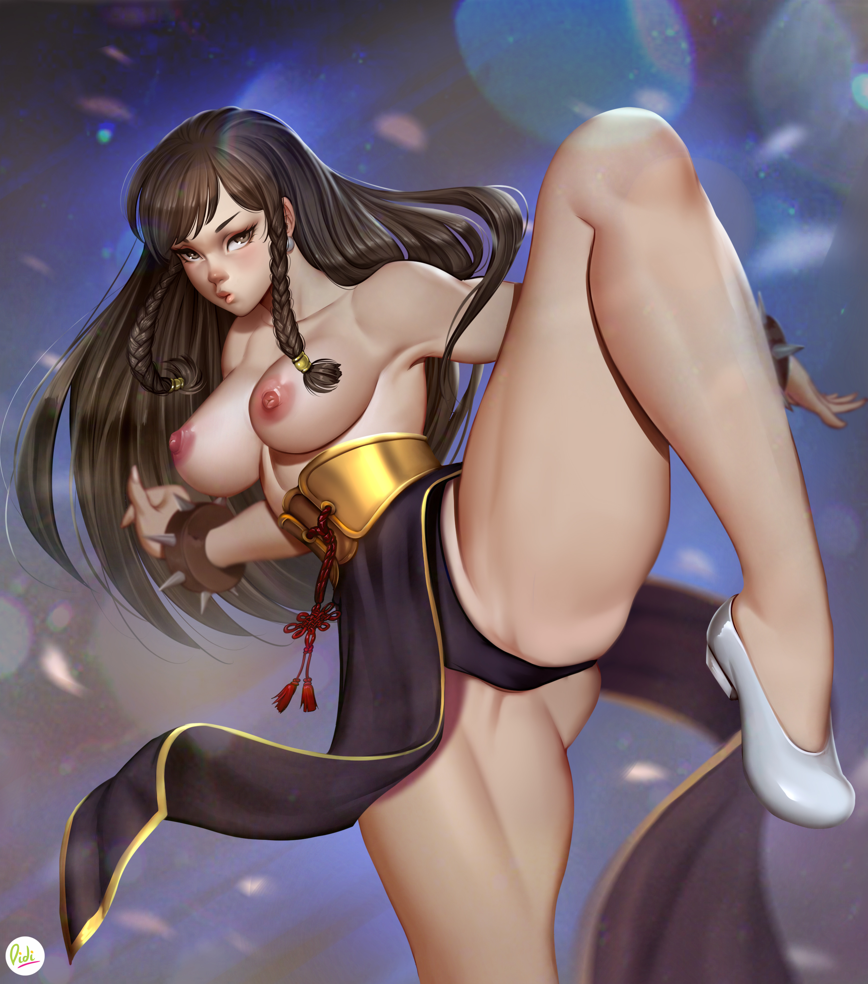 alternate costume, breasts, capcom, chun-li, chun-li (battle ouffit sfv), didi esmeralda, female, highres, large breasts, leg up, long hair, nipples, solo, street fighter