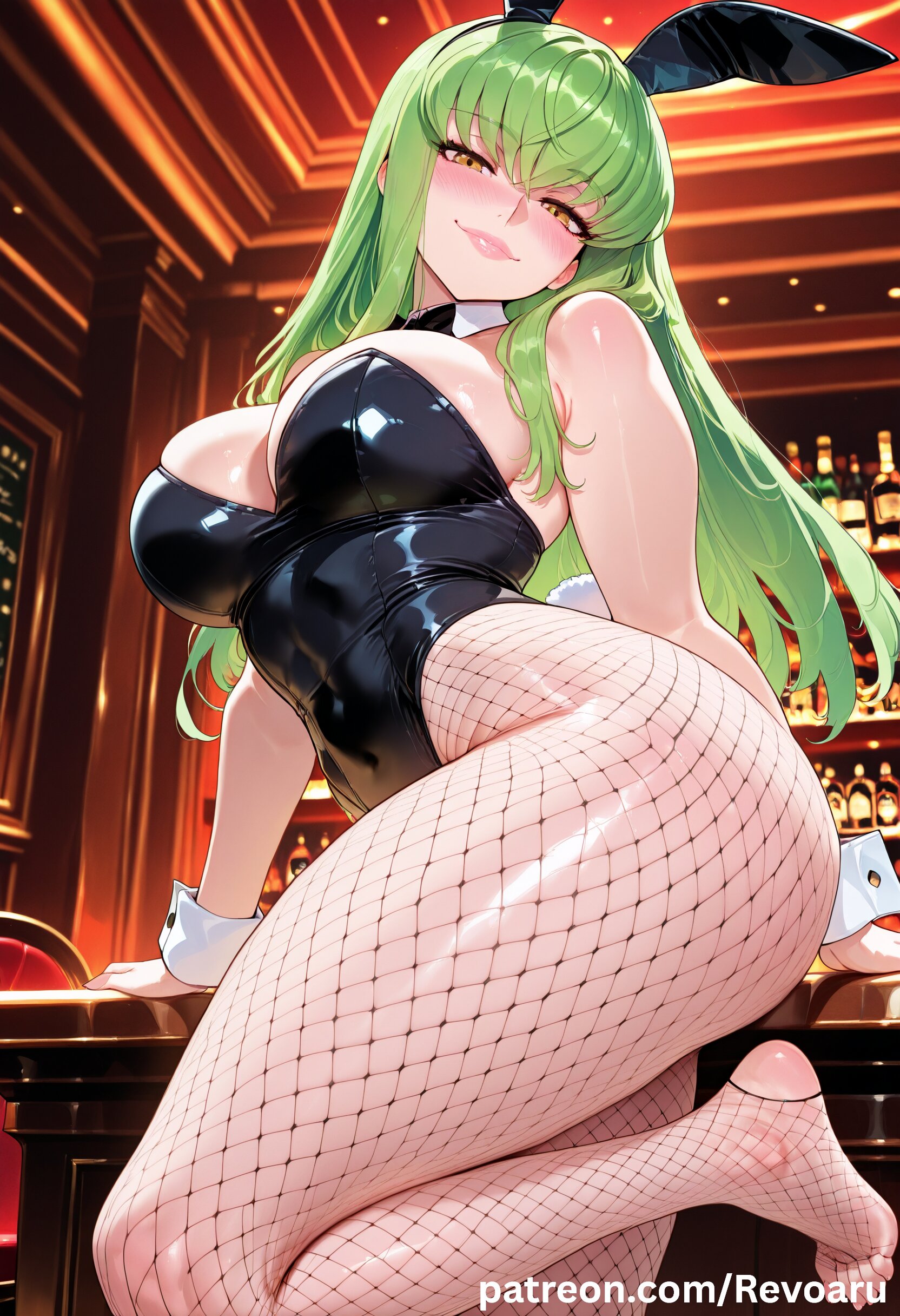 1girls, ai generated, big breasts, breasts, bunny girl, bunnysuit, c.c., code geass, female, female only, fishnet pantyhose, fishnets, green hair, huge breasts, leotard, mature, mature female, quality, revoaru, solo, strapless, strapless leotard