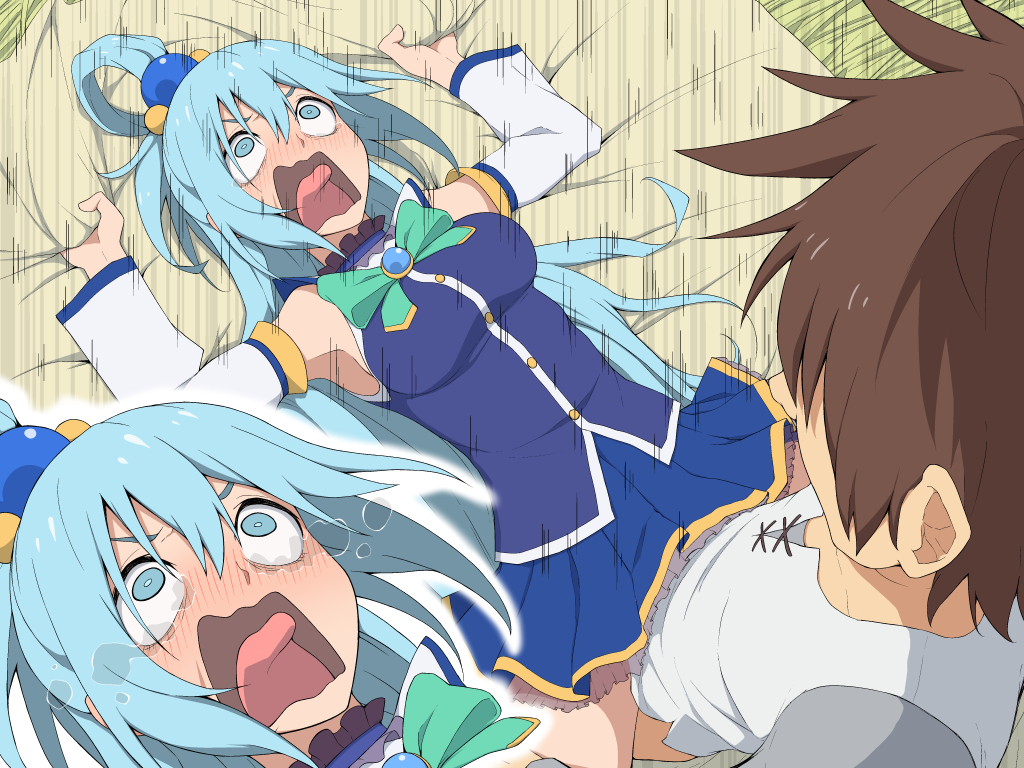 1boy aqua_(konosuba) bare_shoulders blue_eyes blue_hair blue_skirt blush breasts brown_hair commentary_request covered_penetration detached_sleeves female hair_between_eyes hair_ornament implied_sex kono_subarashii_sekai_ni_shukufuku_wo! long_hair lying male medium_breasts missionary_position on_back open_mouth salpin satou_kazuma skirt straight tears tongue