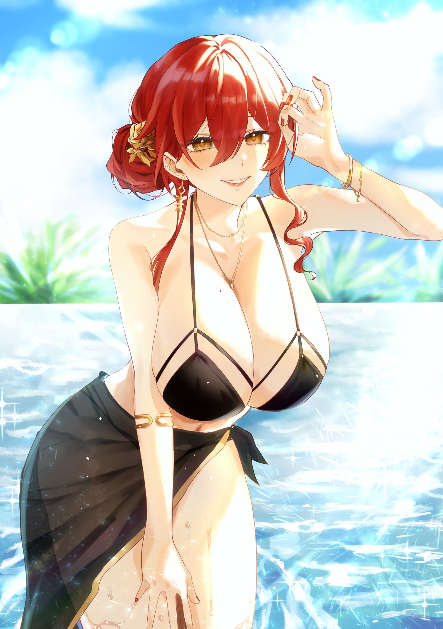 bare shoulders, bikini, black bikini, black sarong, blue sky, bracelet, breasts, cleavage, commentary request, earrings, female, gnu36, highres, himeko (honkai: star rail), honkai (series), honkai: star rail, jewelry, large breasts, looking at viewer, ocean, orange eyes, outdoors, red hair, sarong, short hair, sky, smile, solo, swimsuit, thighs