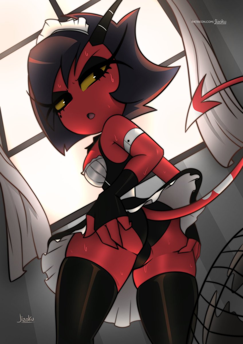 1girls, 2025, ass, bodily fluids, breasts, clothing, detailed background, eyelashes, female, female only, hair, hellaverse, helluva boss, hi res, horn, imp, jizoku, legwear, mammal, millie (helluva boss), multicolored body, multicolored tail, open mouth, red tail, solo, sweat, tail, thigh highs, underwear, white tail, yellow sclera