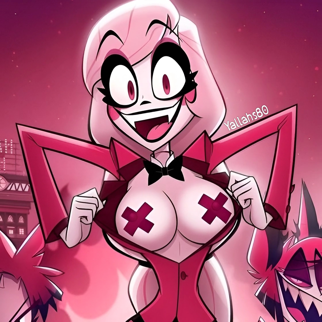 2boys, 2d, ai generated, alastor (hazbin hotel), big breasts, big eyes, big smile, big titties, bisexual, bisexual female, black nose, black pasties, black ribbon, blush, charlie morningstar, charlie morningstar (hazbin hotel), demon, demon girl, demon humanoid, elegant, exhibitionist, eyebrows, eyelashes, female, girl, grok, grok imagine, hazbin hotel, hotel, lesbian, long arms, long hair, nose, pasties, public, red blush, red eyes, red sky, red smoke, red tongue, revealing breasts, ribbon, showing boobs, showing breasts, slim, slim female, slim girl, smile, smiley face, smiling, smiling at viewer, smoking, teeth, tongue, tusks, white hair, white skin, x pasties, yallahs80