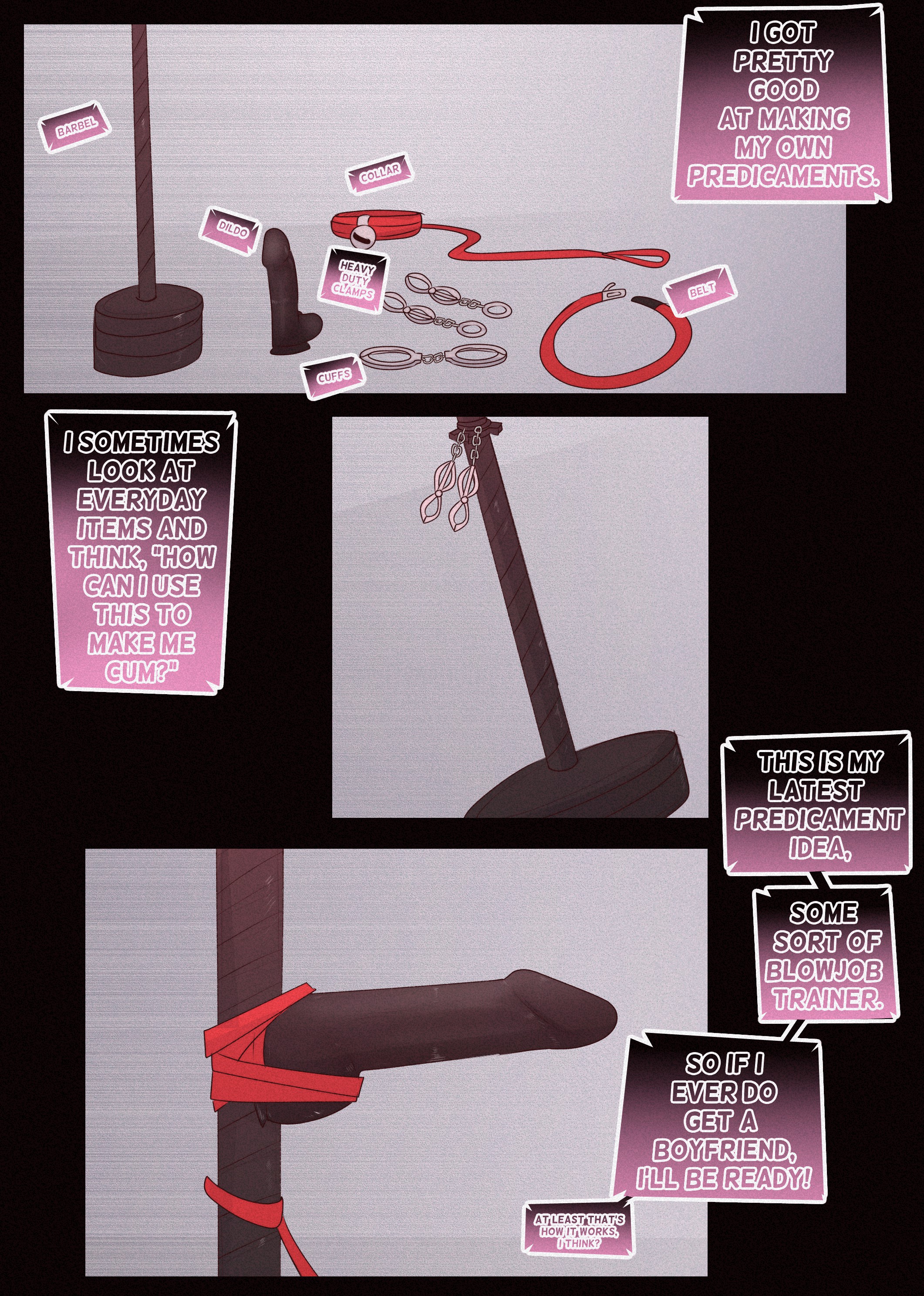 1girls, belt, collar, comic, cuffs, dildo, elsimain, english, english text, female, marcy (elsimain), nipple clamps, original, original character, restraints