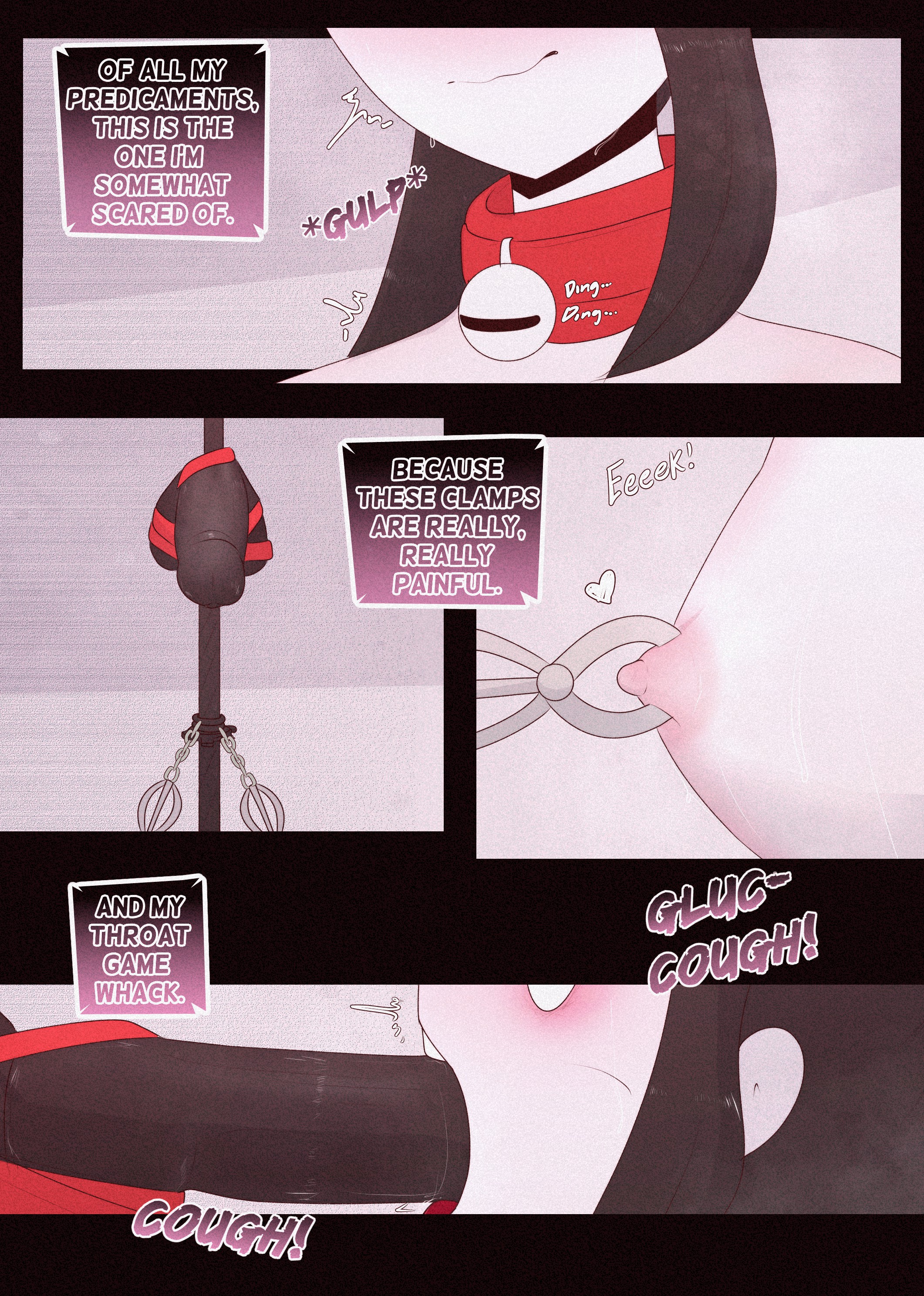 1girls, belt, breasts, collar, comic, cuffs, dildo, elsimain, english, english text, female, marcy (elsimain), nipple clamps, nipples, original, original character, restraints, sex toy