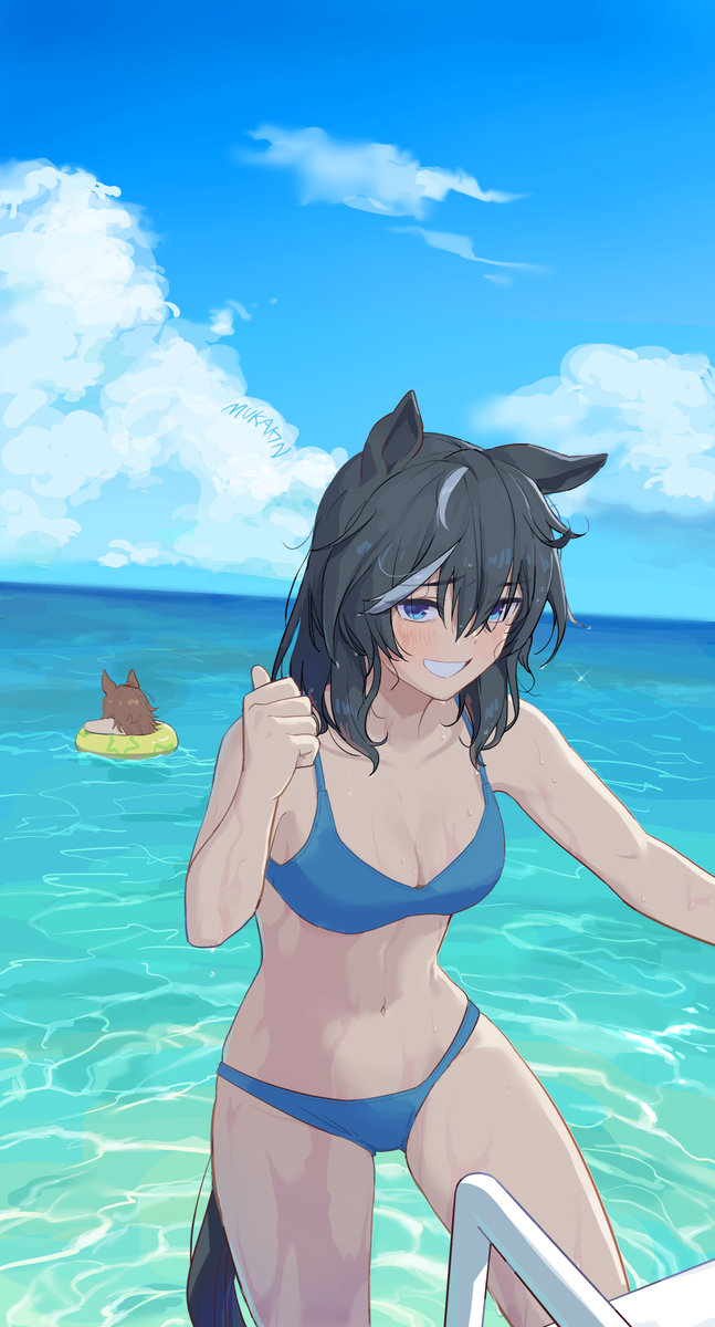 drenched, katsuragi ace (umamusume), mr. c.b. (umamusume), swimsuit, swimwear, tagme, tagme (artist), thumbs up, umamusume, umamusume pretty derby, water