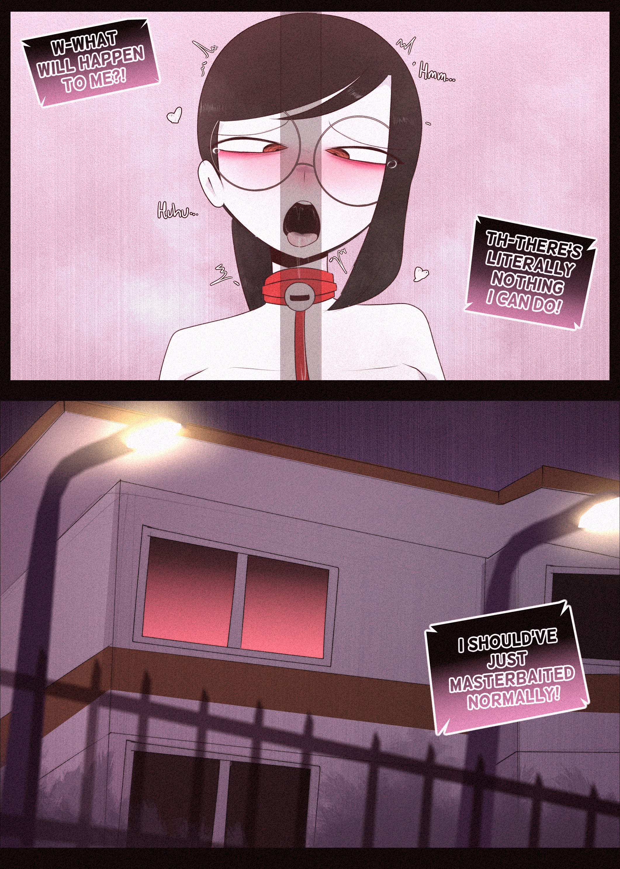 1girls, belt, bondage, breasts, collar, comic, cuffs, dildo, elsimain, english, english text, female, marcy (elsimain), nipple clamps, original, original character, restrained, restraints, self bondage, self bondage gone wrong, sex toy, topless, topless female