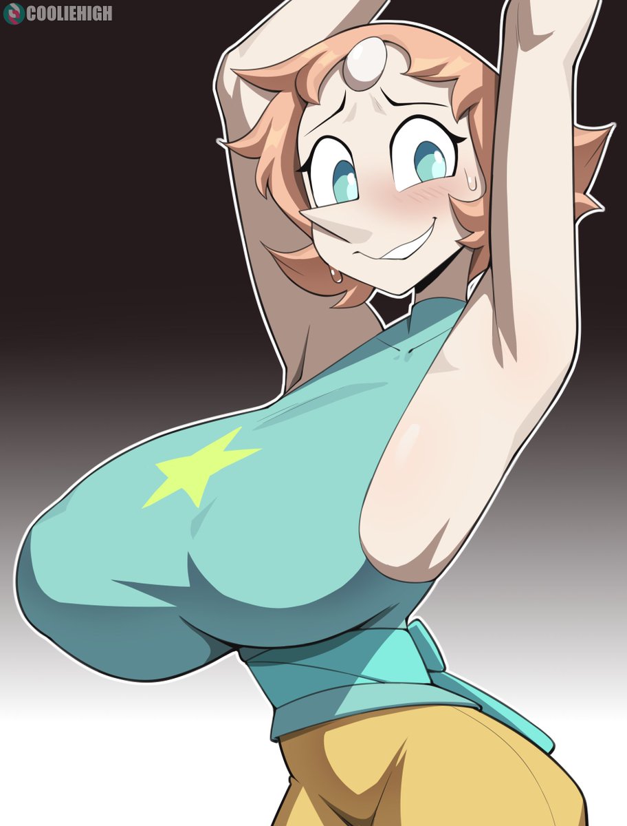 2025, 2d, 2d (artwork), armpits, arms up, big breasts, cartoon network, cooliehigh, cyan eyes, gem (species), high quality, high resolution, highres, nervous expression, nervous female, nervous smile, nipple bulge, nipples visible through clothing, orange hair, pearl (steven universe), steven universe, tagme