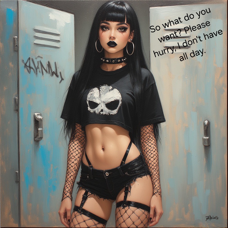 ai generated, athletic female, bare breasts, black clothing, black eyelashes, black eyeliner, black hair, black lips, black lipstick, bored, collar, earrings, english text, goth, goth girl, hotpants, original, original character, pierced ears, piercing, piercings, realistic, school, sexy body, sexy pose, short shirt, short shorts, stockings, text