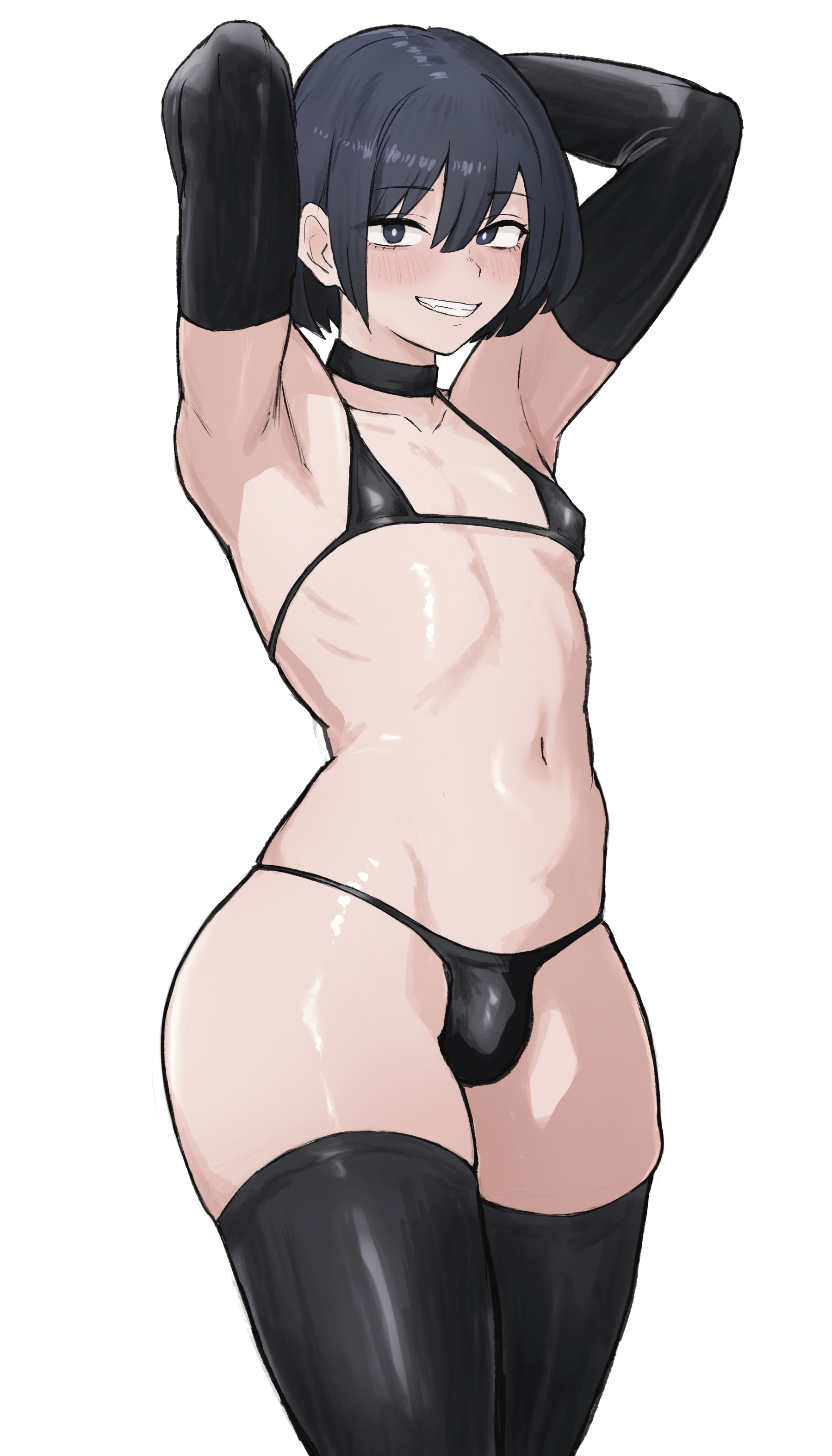 1boy, bikini, bikini bottom, bikini top, blush, bulge, choker, crossdresser, crossdressing, crossdressing (mtf), crossdressing male, elbow gloves, femboy, gloves, grin, hands behind head, male, male only, miya nns35, pose, posing, smile, solo, solo male, standing, thick thighs, thigh highs, thighhighs, thong