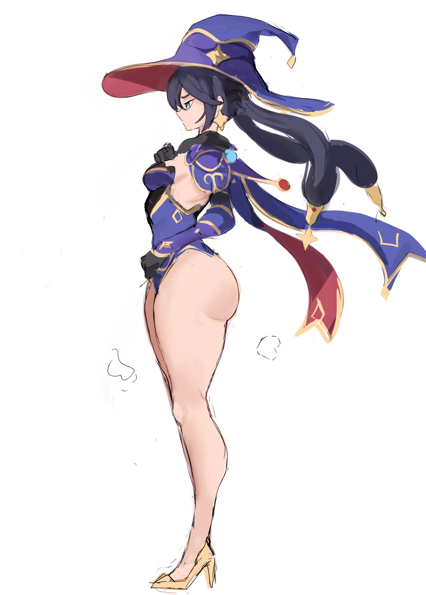 ass, bare legs, black hair, calves, genshin impact, hat, legs, lewd, mona (genshin impact), rakeemspoon, side view, sketch, solo, solo female, standing, tagme, thighs