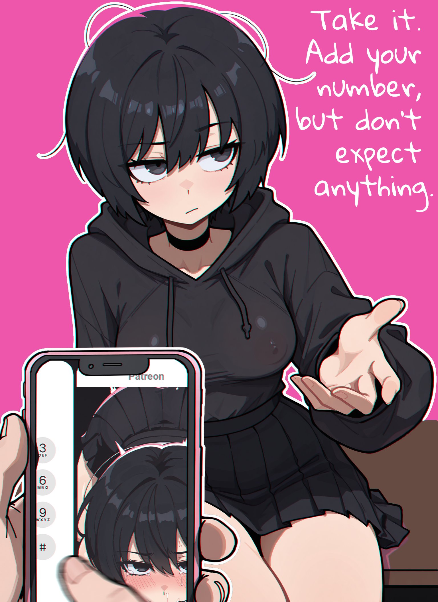 a.mikusa, black hair, black hoodie, blowjob, brat girl (a.mikusa), breasts, censored, clothed, hoodie, nipples, nipples visible through clothing, out of frame, out of frame censoring, tsundere