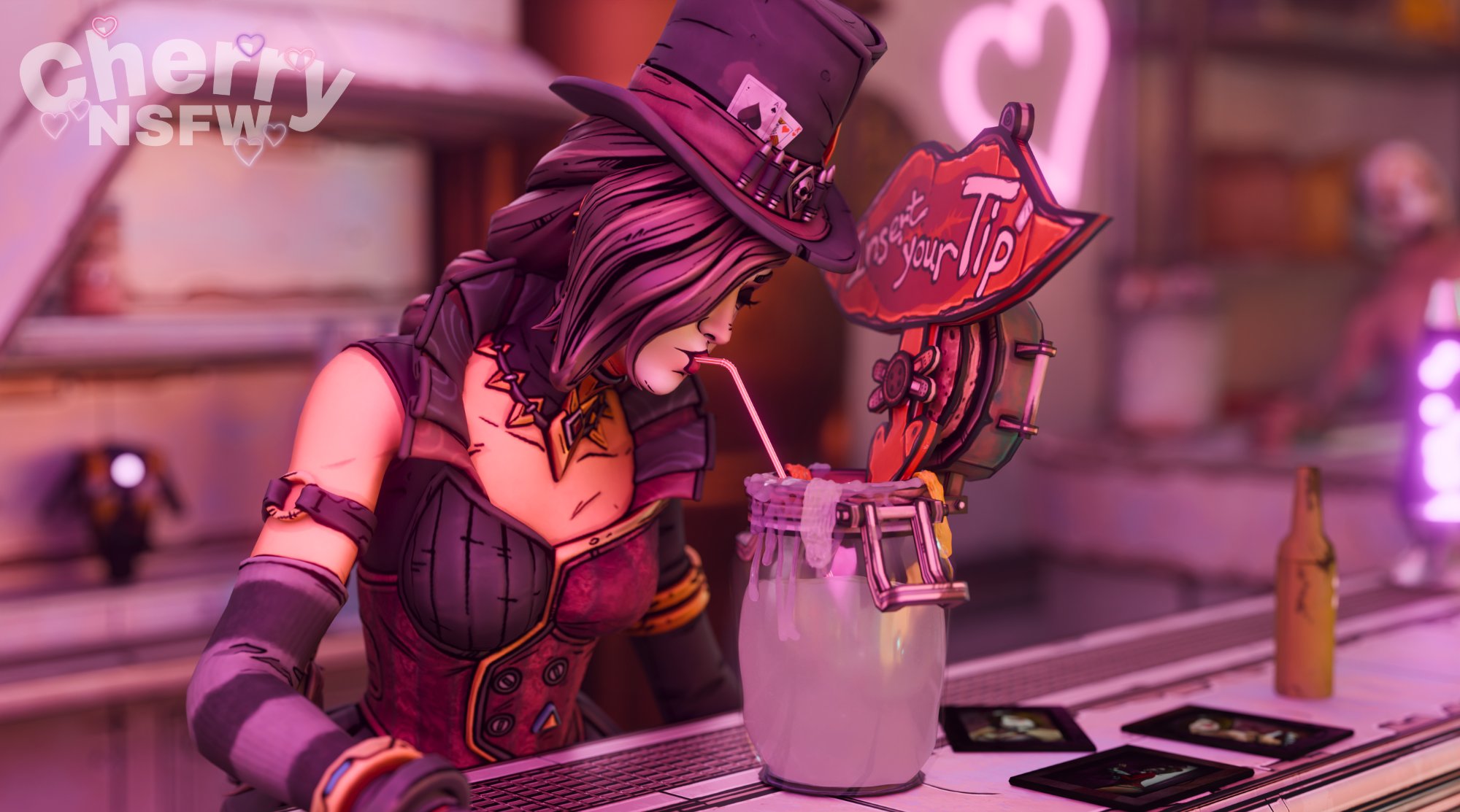 1girls, 3d, bar, borderlands, borderlands 4, breasts, cherrynsfw, claptrap, cum, cum drinking, cum in container, drinking cum, facepaint, female, female only, gokkun, mad moxxi, solo, solo female, tip jar