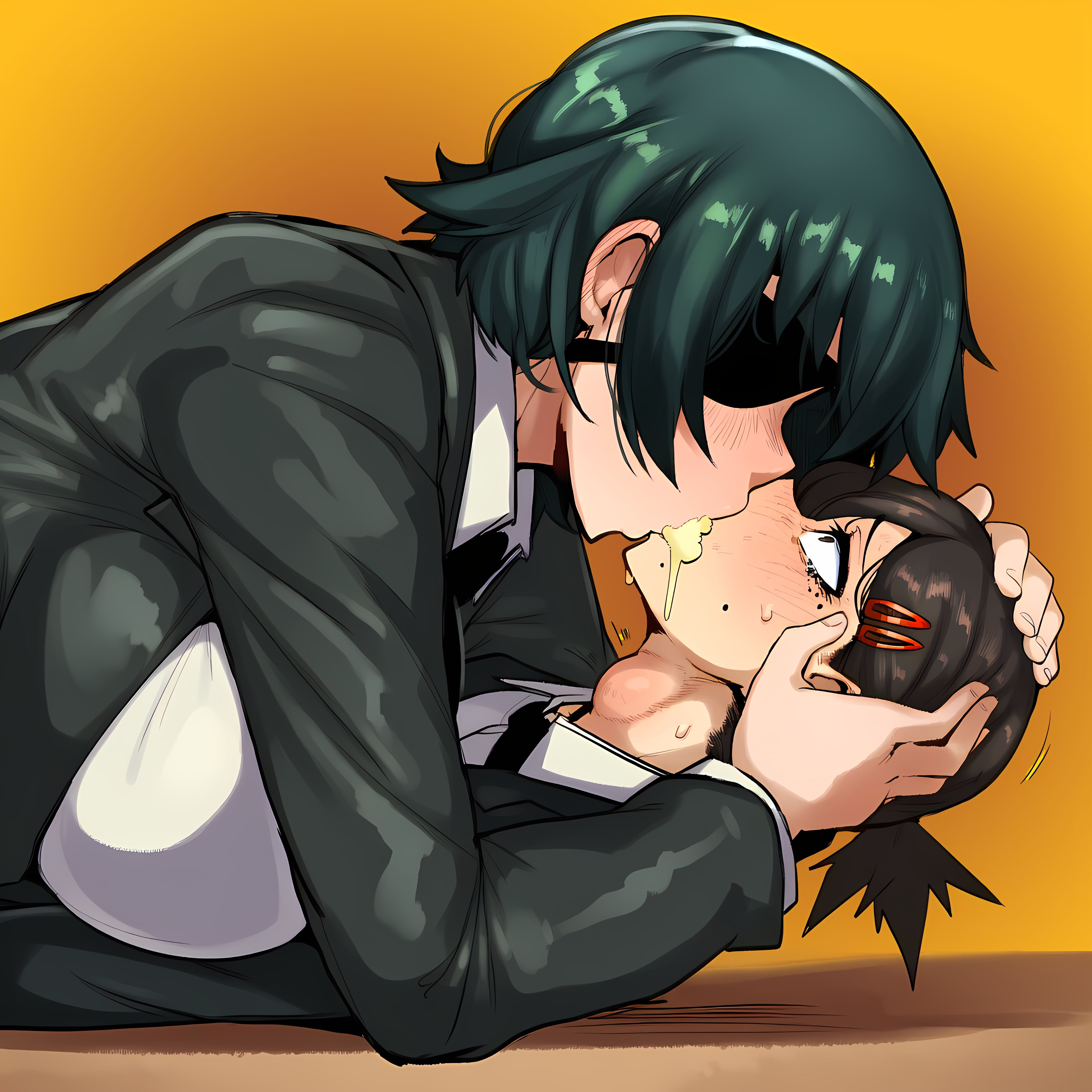 ai generated, big breasts, black eyes, black hair, black jacket, black patch, black suit, blush, brown hair, chainsaw man, donbeboys, drunk, drunk female, drunk sex, forced drinking, futanari, higashiyama kobeni, himeno (chainsaw man), kiss on lips, kissing, lesbian kiss, lesbian sex, open eyes, surprised, surprised expression, surprised face, swallowing, two girls, yuri