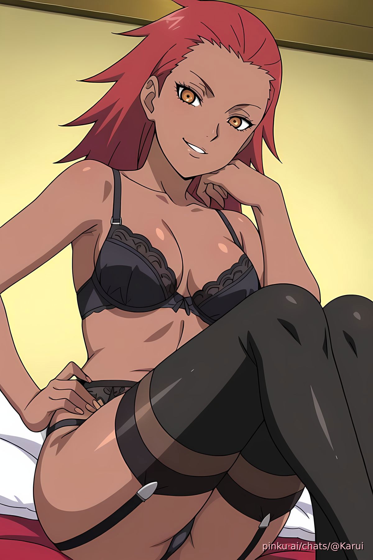 1girls, ai generated, ass, bed, boruto: naruto next generations, brown eyes, dark skin, dark-skinned female, garter belt, garter straps, hand on cheek, hand on hip, karui, knees up, lingerie, naruto, naruto (series), naruto shippuden, pinku, pinku.ai, pinkuai, red hair, seductive, seductive look, smile, thighhighs