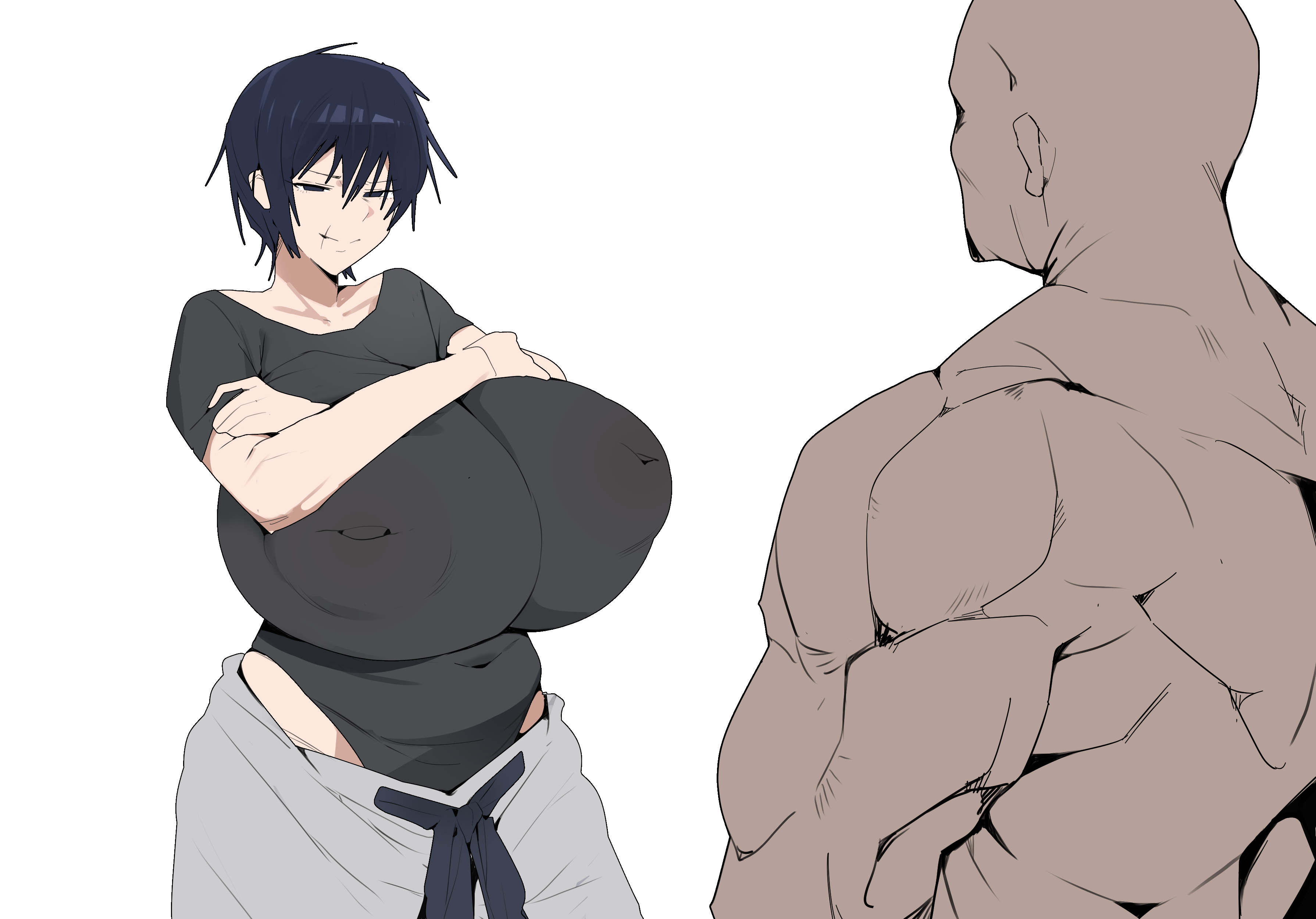 1boy, 1girls, big breasts, black hair, black shirt, breasts, citizen k, citizen k (pngj5475), dark-skinned male, female, female focus, genderswap (mtf), huge breasts, jujutsu kaisen, light skin, light-skinned female, male, rule 63, scar, short hair, thick thighs, thighs, toji fushiguro, white background, wide hips
