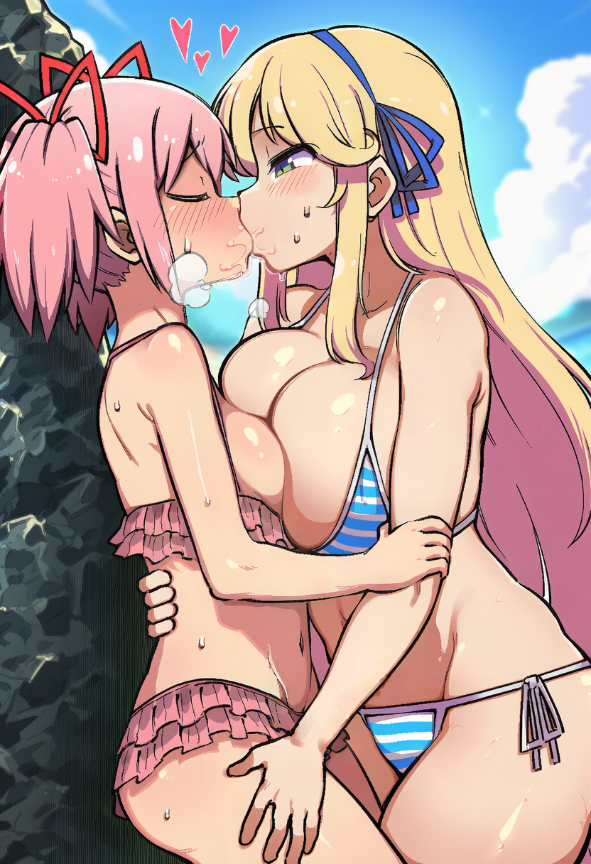 aged up, ai generated, alternate costume, asymmetrical docking, bikini, bikini top aside, blonde hair, blush, breast press, closed eyes, crossover, female, female/female, french kiss, frilled bikini, green eyes, hair ribbon, hand on another's back, hand on another's thigh, heart, holding another's arm, kaname madoka, katsuragi (senran kagura), kissing, large breasts, long hair, madoka kaname, mahou shoujo madoka magica, medium breasts, medium hair, pink hair, puella magi madoka magica, saliva, senran kagura, side-tie bikini, striped bikini, twintails, yuri