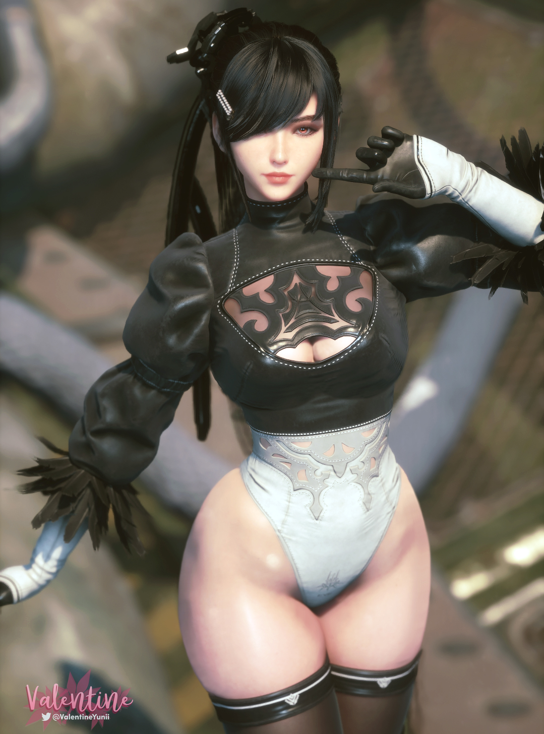 1girls, 3d, black hair, black leotard, breasts, cleavage, cosplay, crossover cosplay, eve (stellar blade), female, female only, gloves, korean, korean female, leotard, long hair, looking at viewer, multicolored leotard, nier, nier (series), nier: automata, selfie, solo, stellar blade, twitter username, valentineyunii, watermark, white leotard, yorha 2b (cosplay)