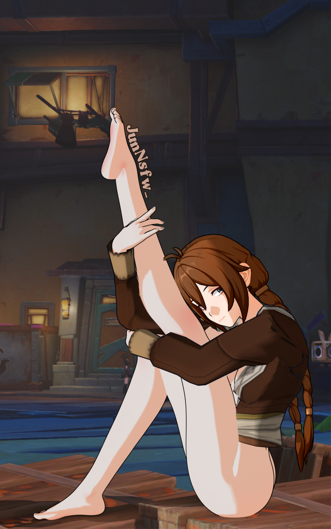 anime, background character, barefoot, brown hair, feet, feet up, genshin impact, jun nsfw, leg grab, leg up, legs, npc, npc (genshin impact), pose, sexy pose, suggestive, toes