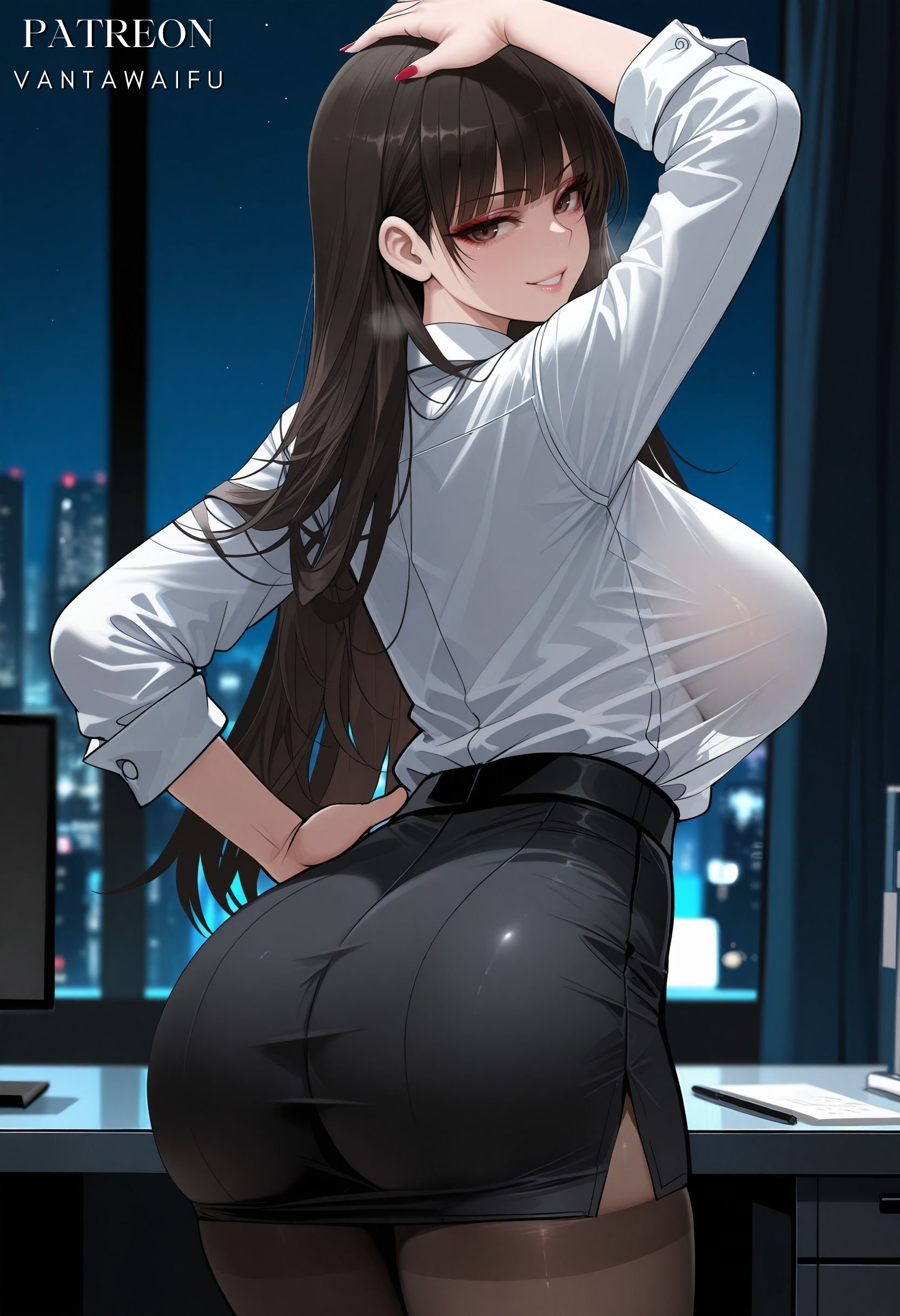 ai generated, arm up, artist name, ass, bangs, black clothes, black hair, black legwear, black pantyhose, black skirt, blunt bangs, blurry background, blush, breasts, brown eyes, brown hair, brown pantyhose, clothing, collared shirt, cowboy shot, curtains, desk, female, from behind, girls und panzer, grin, hand on own head, hand on own hip, high-waist skirt, indoors, interracial, large breasts, long hair, long sleeves, looking at viewer, looking back, makeup, miniskirt, mole, nail polish, netorare, night, night sky, nishizumi shiho, ntr, office, office lady, pantyhose, parted lips, pencil skirt, red nails, shirt, shirt tucked in, side slit, skirt, sky, smile, solo, standing, thighband pantyhose, thighs, vantawaifu, white shirt, window