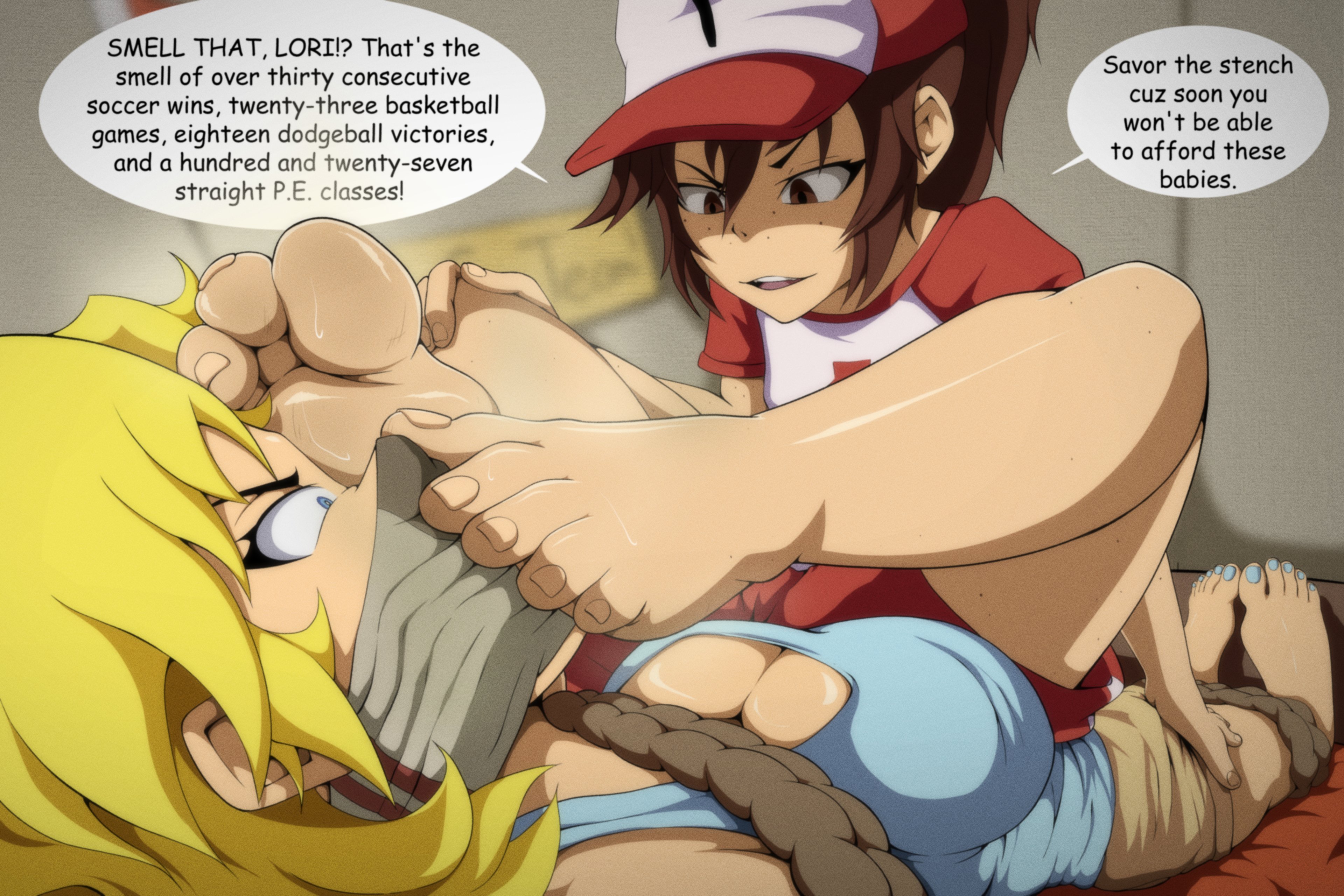 2d, 2d (artwork), 2d artwork, 2girls, barefoot, blonde female, blonde hair, brown hair, brunette, color, colored, dialogue, feet, feet fetish, feet focus, female, female focus, female only, foot fetish, foot focus, kiryu-sketchbook, lori loud, lynn loud, restrained, speech bubble, sweat, sweatdrop, sweating, sweaty feet, the loud house, toes, twitter