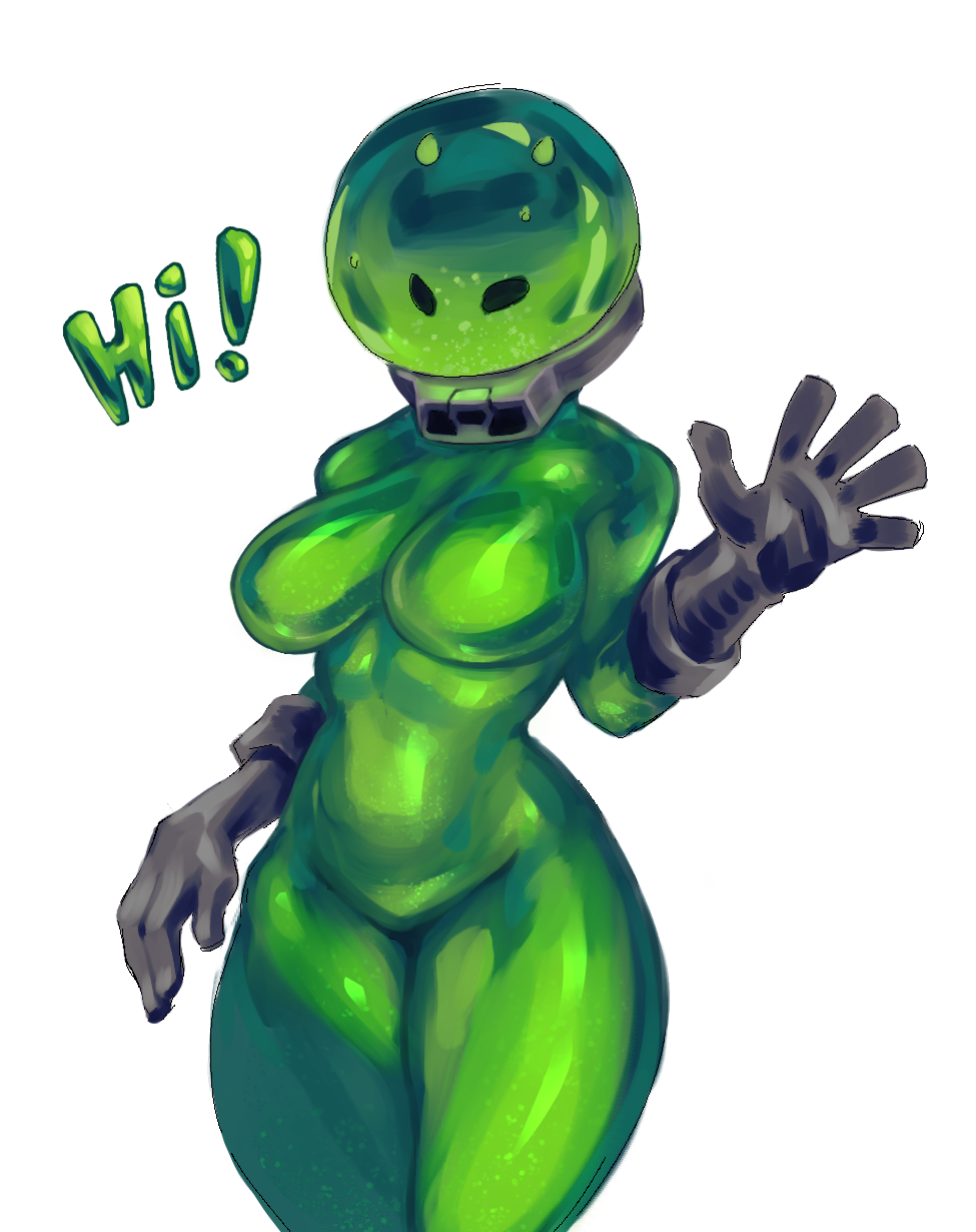 1girls, 2025, big breasts, breasts, deadlock, dialogue, female, gikat, gloves, goo, goo creature, green body, helmet, hi res, slime, slime girl, standing, thick thighs, thighs, viscous (deadlock), waving