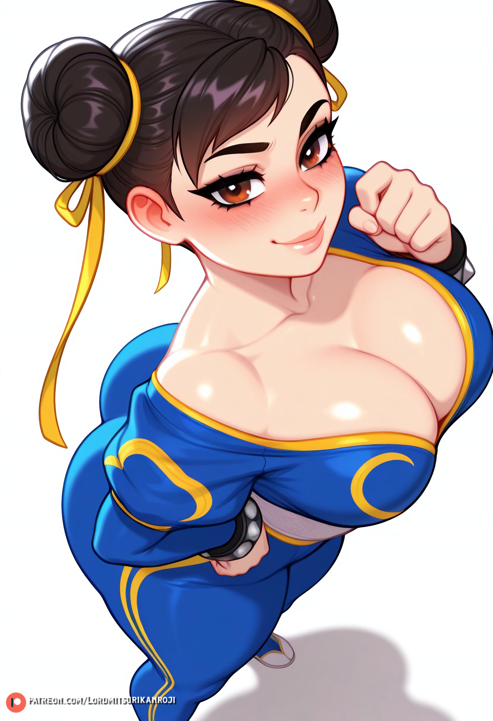 ai assisted, ai generated, artist name, blue clothing, brown eyes, brown hair, chinese clothes, chinese female, chun-li, light-skinned female, looking at viewer, patreon username, posing, standing, street fighter, video games, waifu, waist, white background