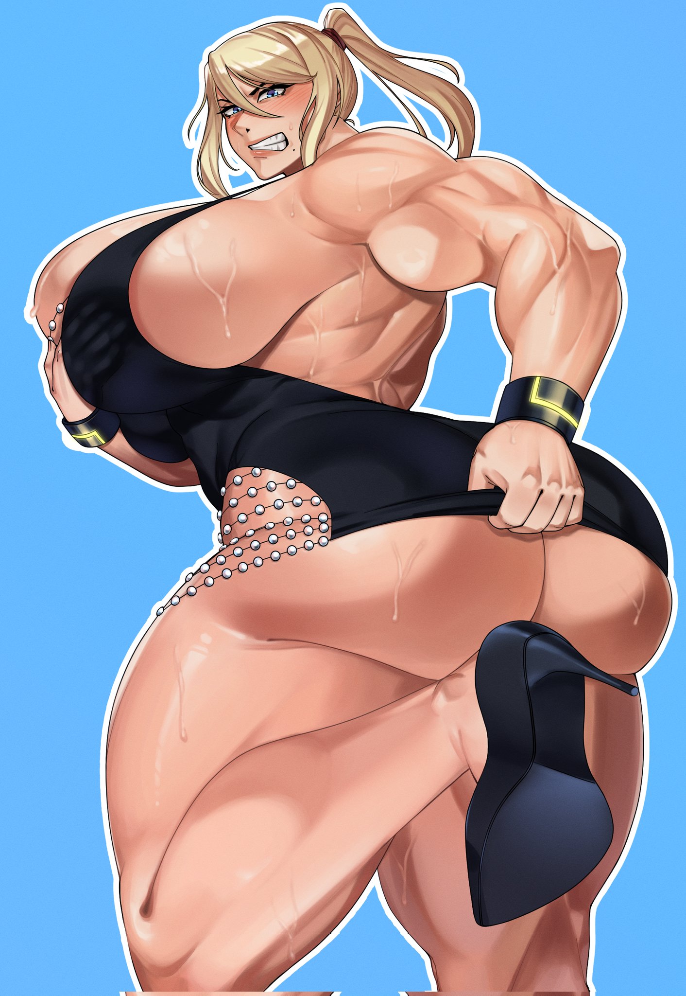 1girls, female, female only, gigantic breasts, huge breasts, metroid, muscular, muscular female, poorly tagged, revealing clothes, samus aran, solo, solo female, standing, strongmoist, voluptuous