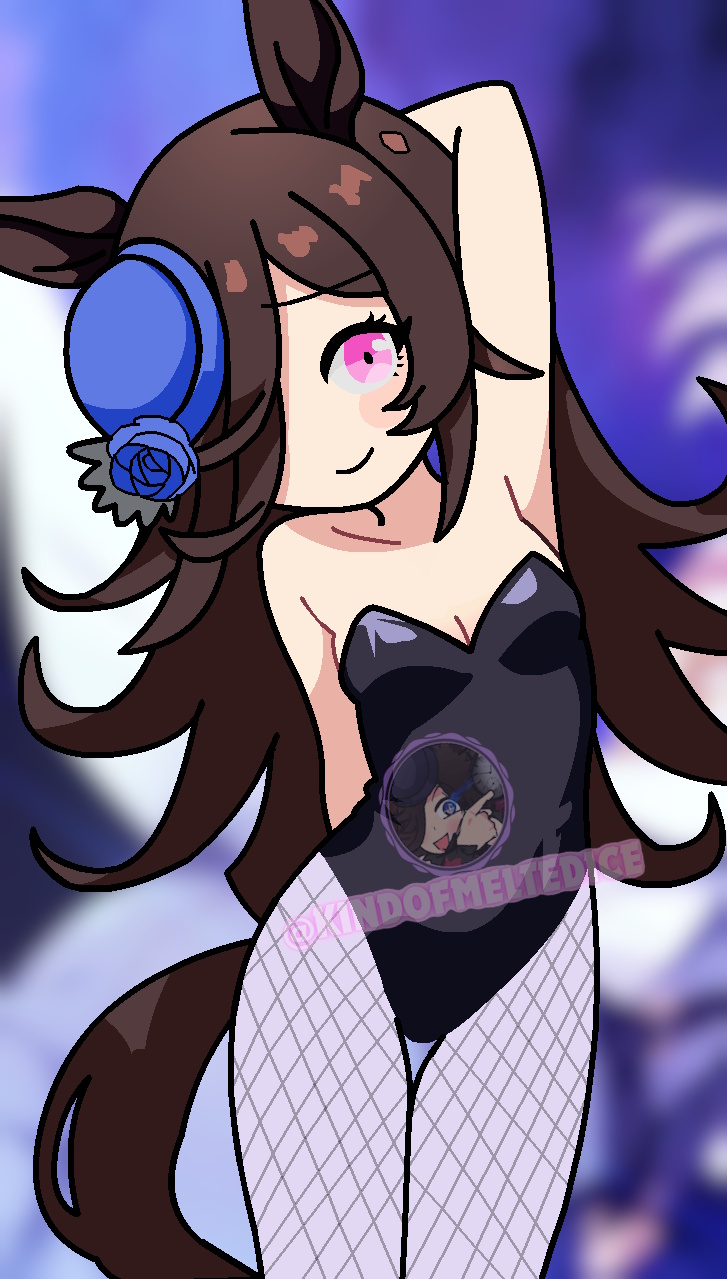 front view, hat, horse, horse girl, kindofmeltedice, long hair, playboy bunny, playboy bunny costume, playboy outfit, playboy suit, pose, posing, rice shower (umamusume), small breasts, thigh socks, umamusume, umamusume pretty derby