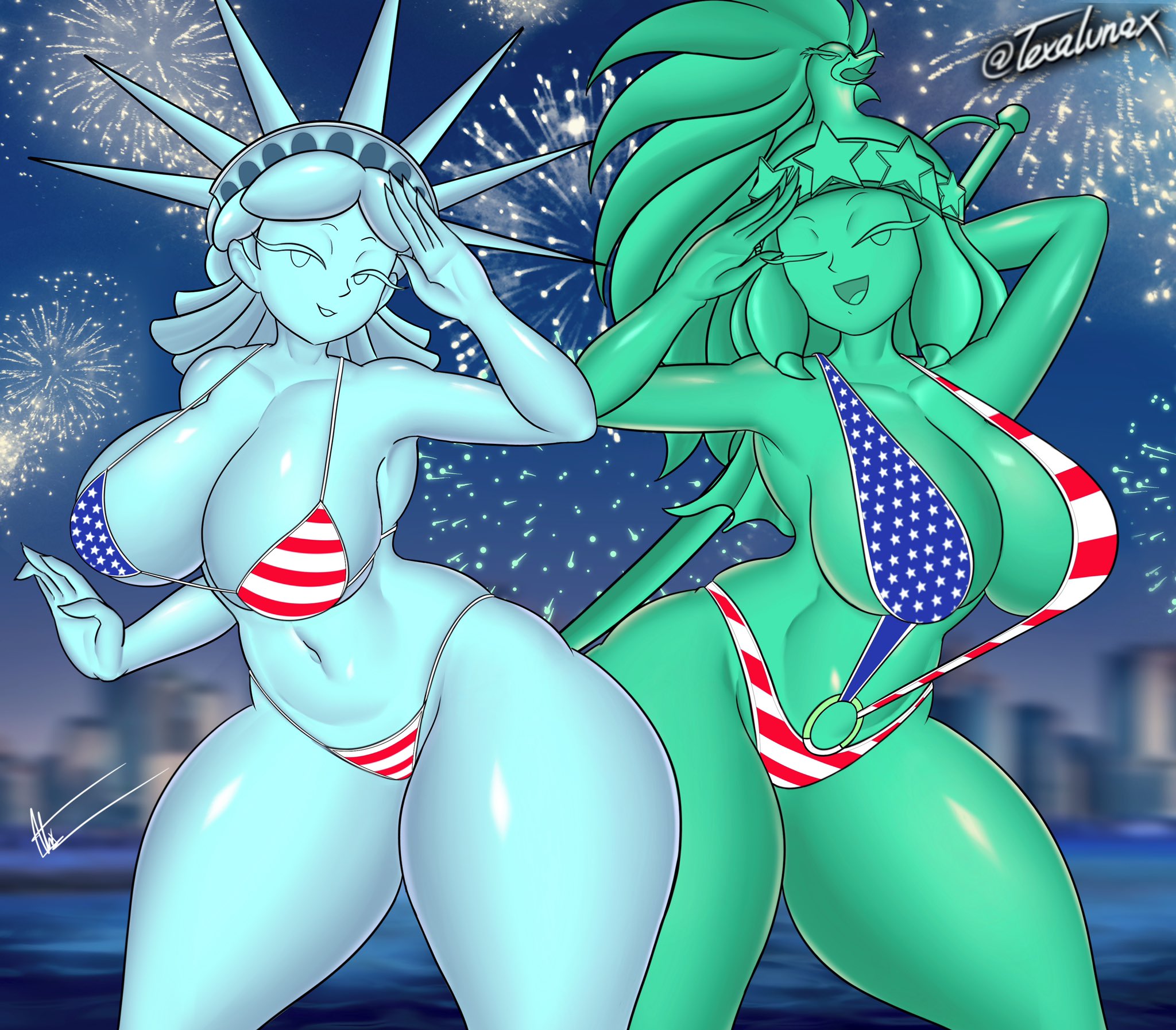 2023, 2girls, alternate version available, american flag bikini, big breasts, breasts, female, female only, fourth of july, independence day, nsfwtalex, sling bikini, statue of freedom, statue of liberty, tagme, tansau's lady liberty, tansau's statue of freedom, telaxart, texalunax, thick thighs, two piece swimsuit