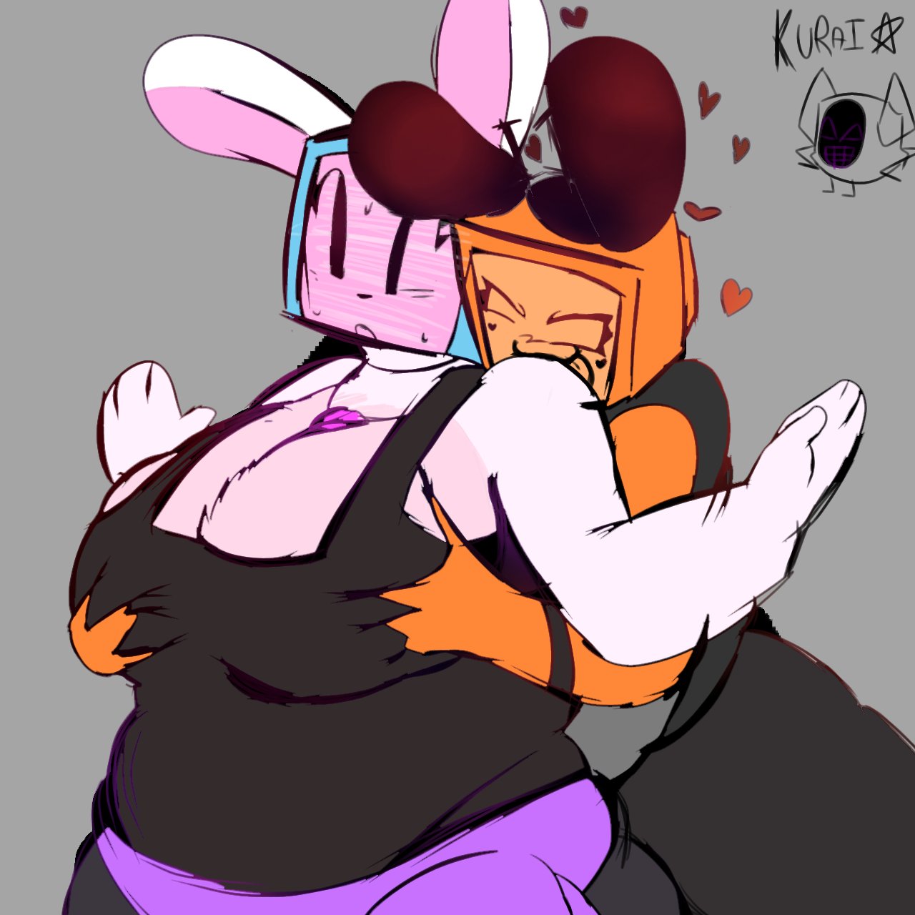 2girls, artist signature, big breasts, breasts, bunny veeronica, chubby female, cleavage, clothed, clothing, crossover, female, female only, forsaken (roblox), grabbing breasts, grabbing breasts from behind, grabbing from behind, huge breasts, melanie (regretevator), multiple girls, regretevator, roblox, roblox game, robloxian, robot, robot girl, source request, tagme, tagme (artist), thick thighs, tv head, veeronica, yuri