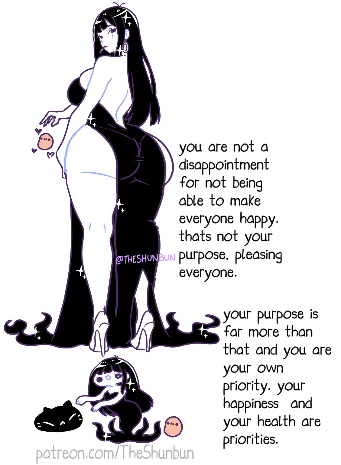 2girls, advice, ass, big ass, big breasts, black dress, breasts, chibi, curvy, helpful, huge ass, huge breasts, kawaii potato, original, original character, same character, signature, slit dress, text, theshunbun, thick thighs, twitter link, voluptuous, voluptuous body, voluptuous female, watermark, wholesome, wide hips