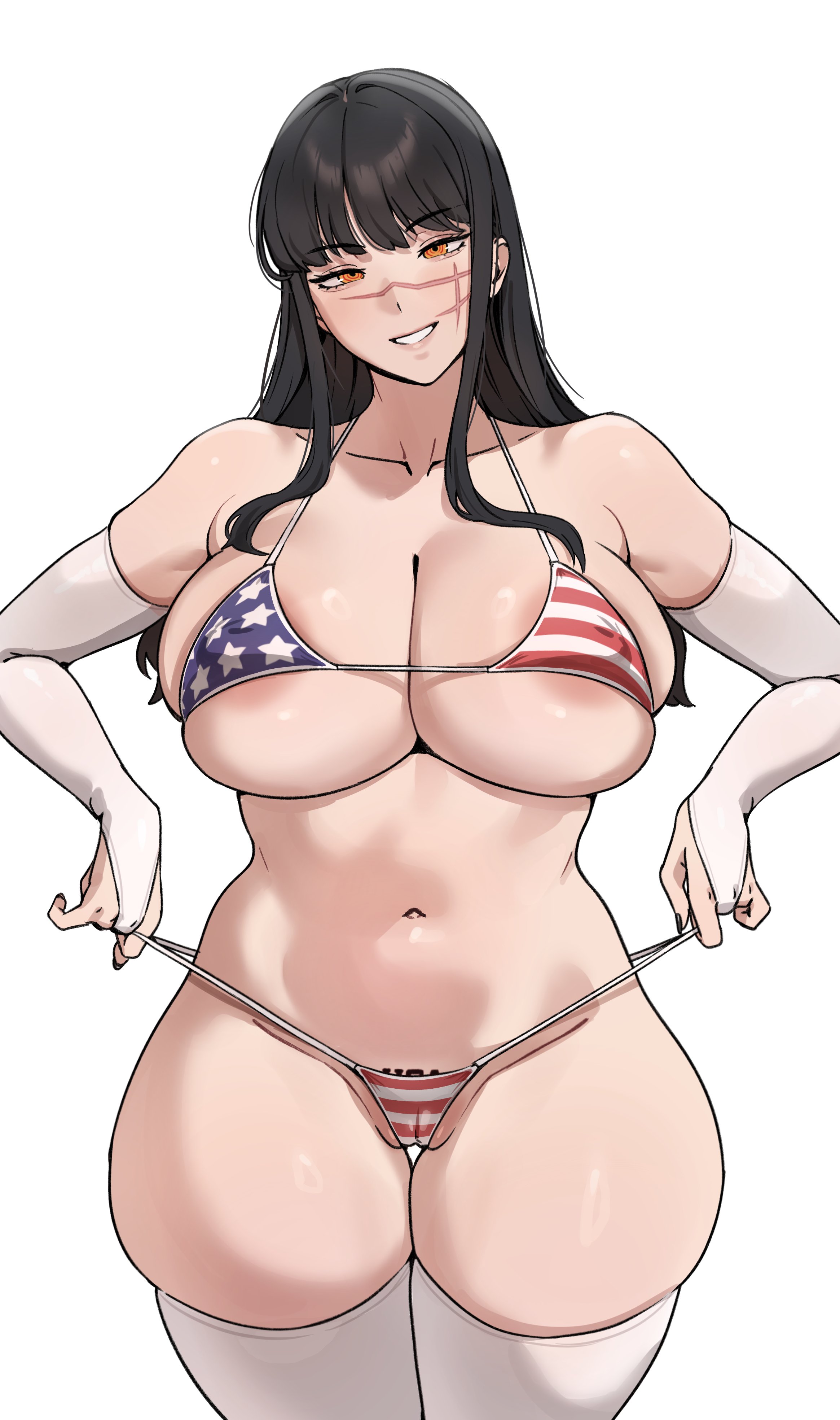 1girls, 5t (artist), american flag, american flag bikini, areola slip, asian, asian female, bikini, black hair, chainsaw man, demon, demon girl, devil, devil girl, female, flag bikini, heroine, japanese female, light skin, light-skinned female, micro bikini, mitaka asa, nipple bulge, pubic tattoo, ringed eyes, scar, scar on face, simple background, spiral eyes, swimsuit, thick thighs, thighhighs, white background, white thighhighs, wide hips, yoru (chainsaw man)