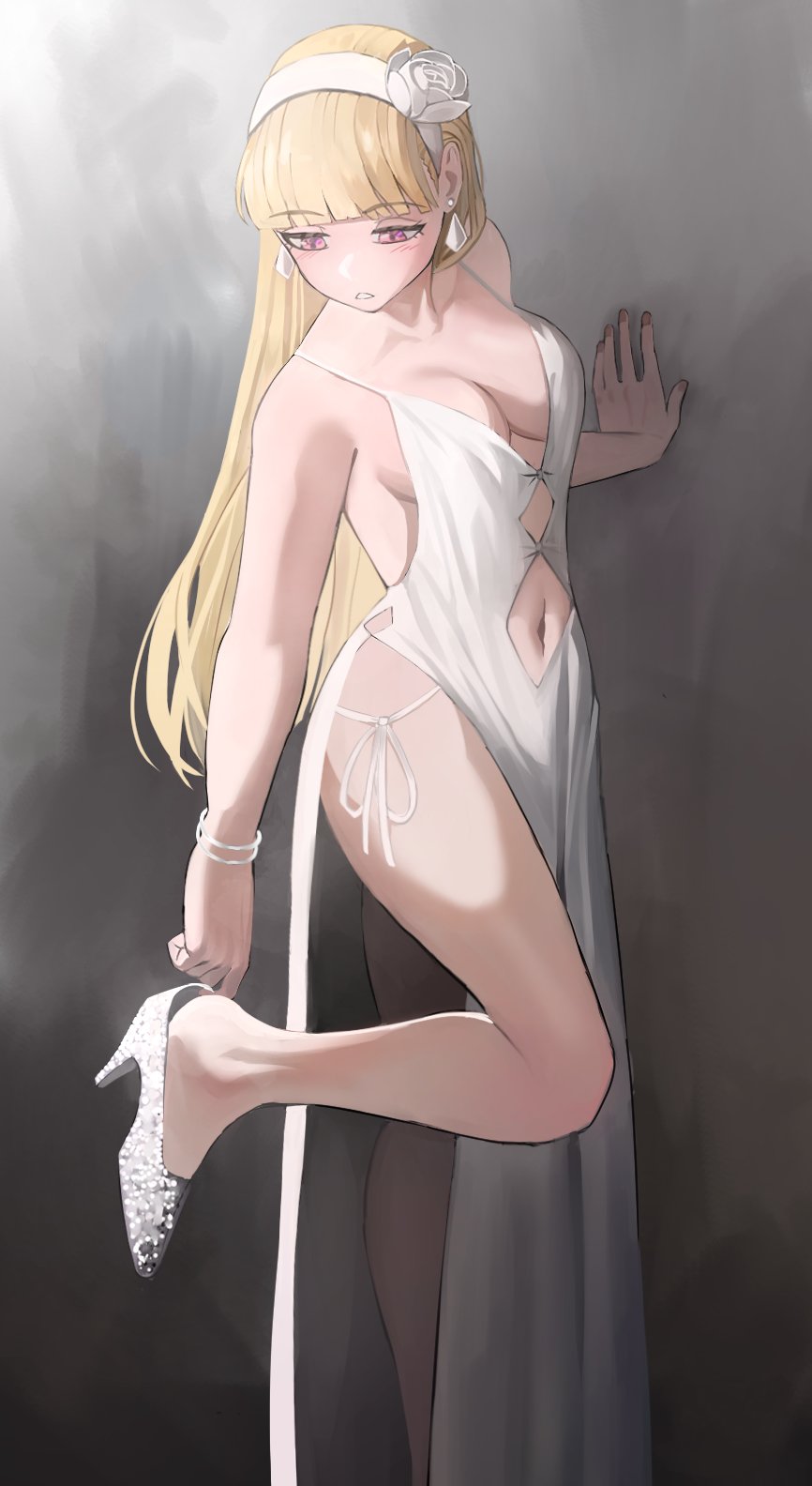 1girls, adjusting footwear, blonde hair, bracelet, breasts, claire (jourd4n), cleavage, clothing cutout, dress, earrings, female, female only, high heels, highres, jewelry, jourd4n, light skin, light-skinned female, long hair, navel, navel cutout, original, pink eyes, shoes, solo